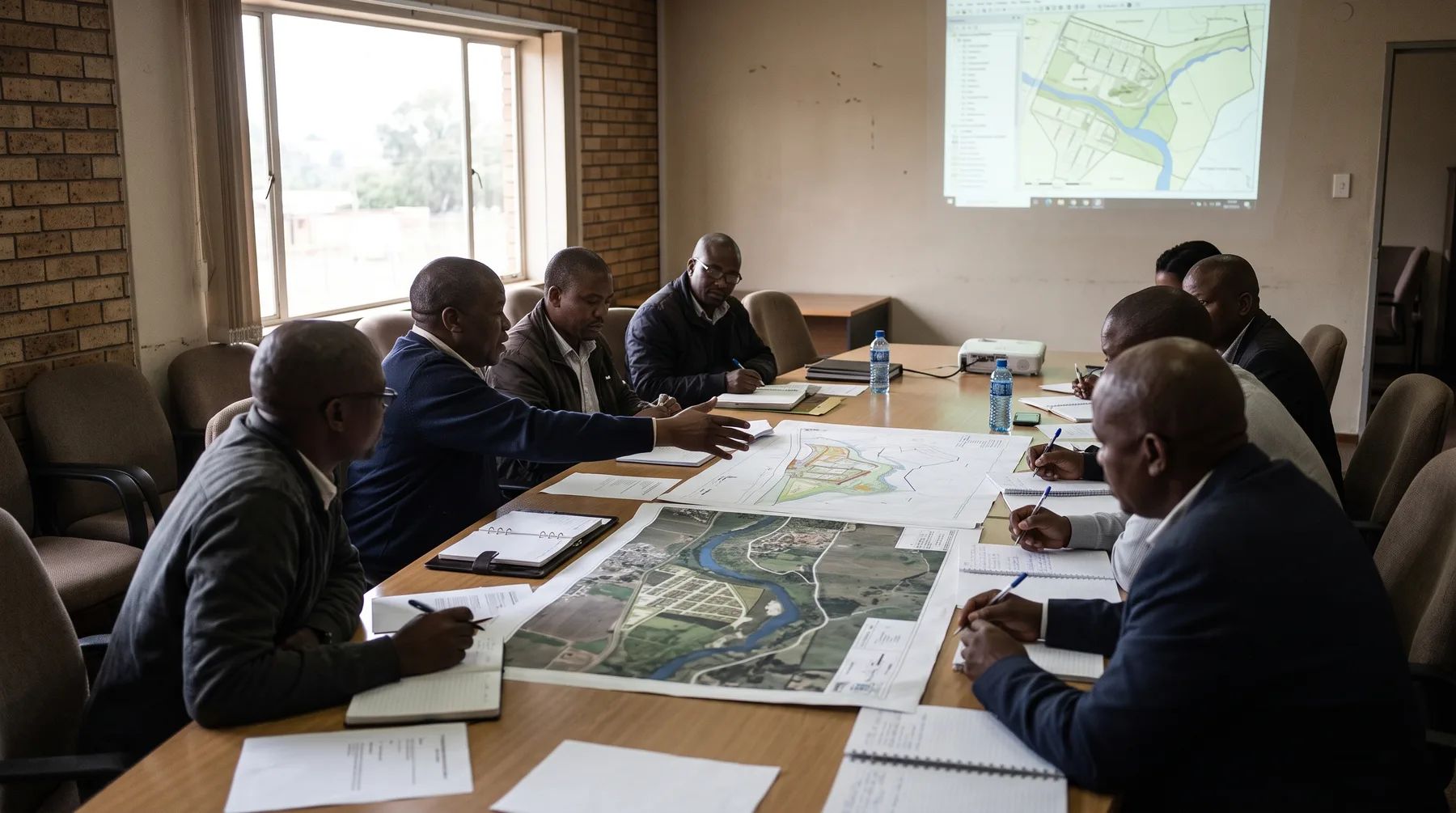 A planning tribunal reviewing development plans of a site with a river running through it.