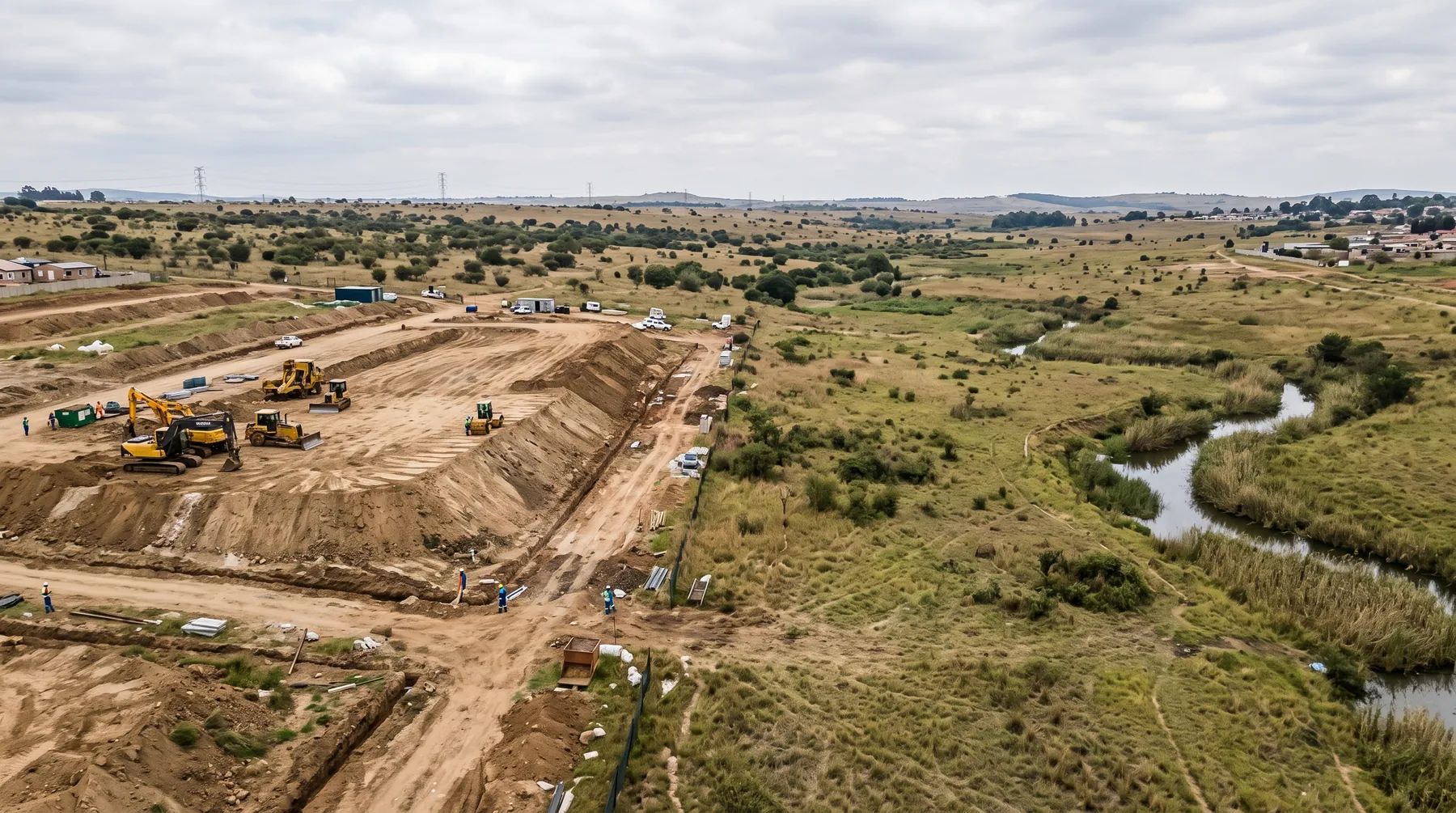 Low aerial view of a raised earth building platform for a new development beside a small river and its natural floodplain.