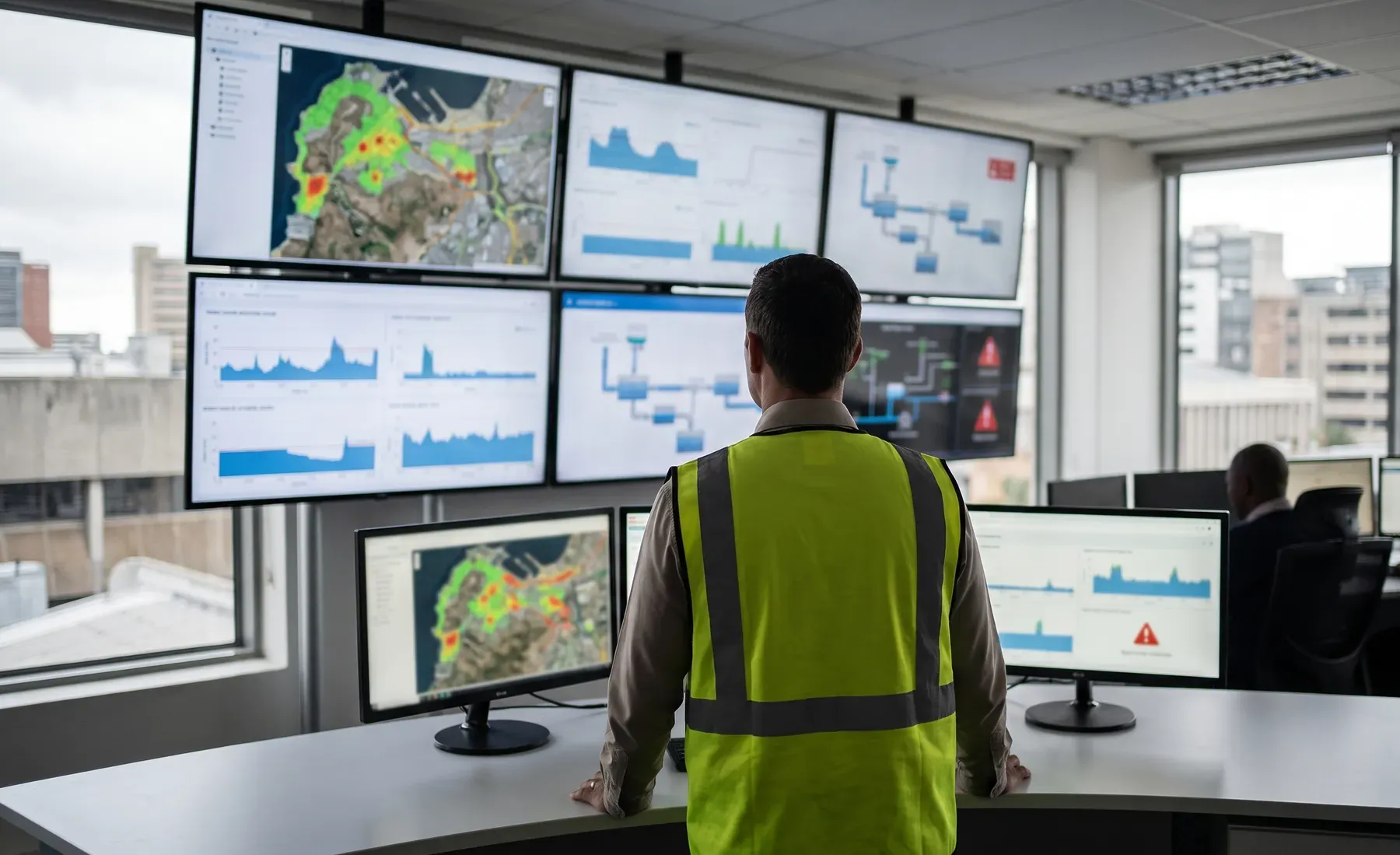A stormwater manager in a hi-vis vest viewing a control-room wall of dashboards showing flood heat maps, hydrographs, and system alerts.