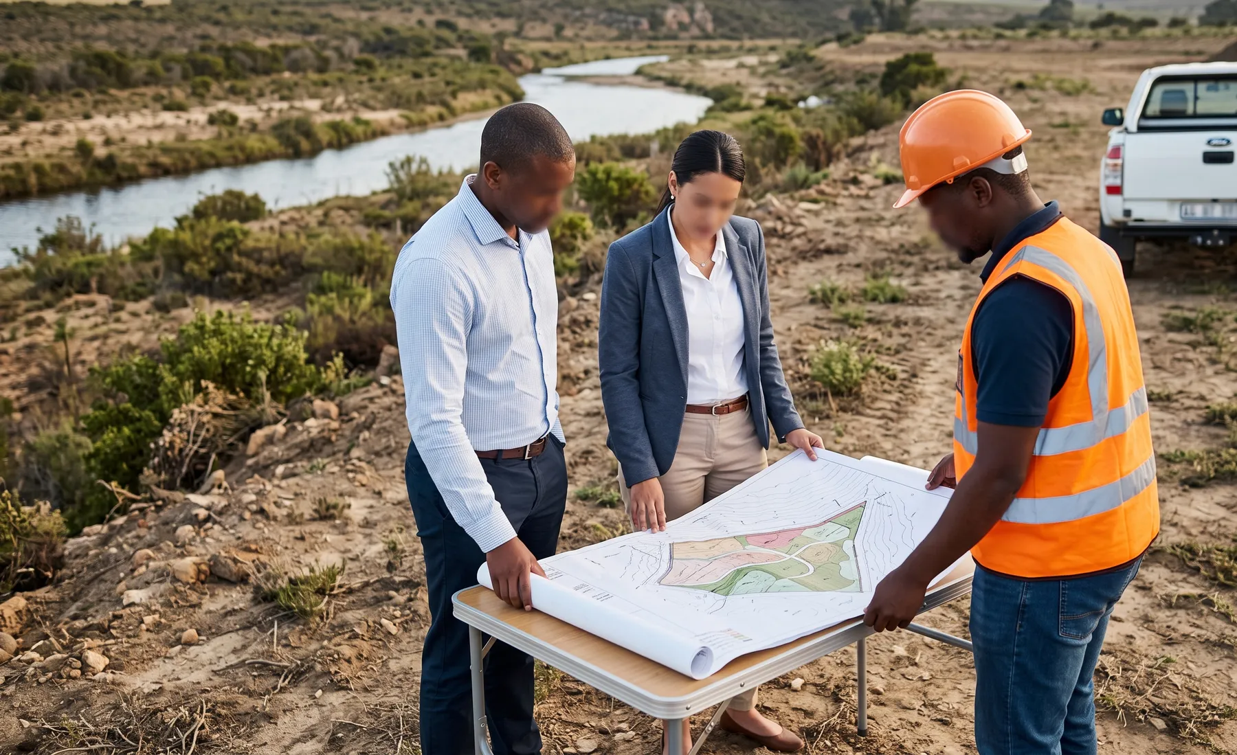 Two people in business attire and one in hi-vis reviewing a site layout plan outdoors near a watercourse.