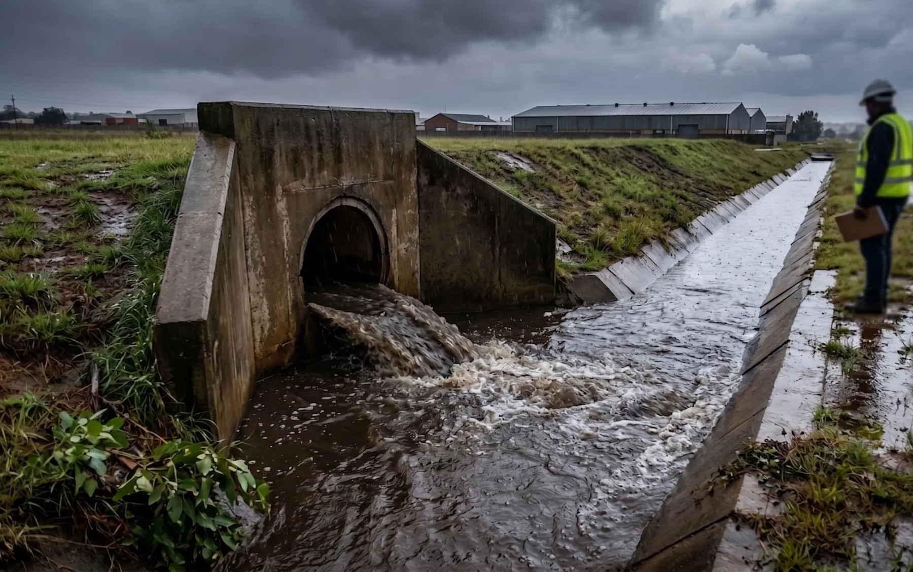 A concrete stormwater outfall discharging into a channel just after a storm.