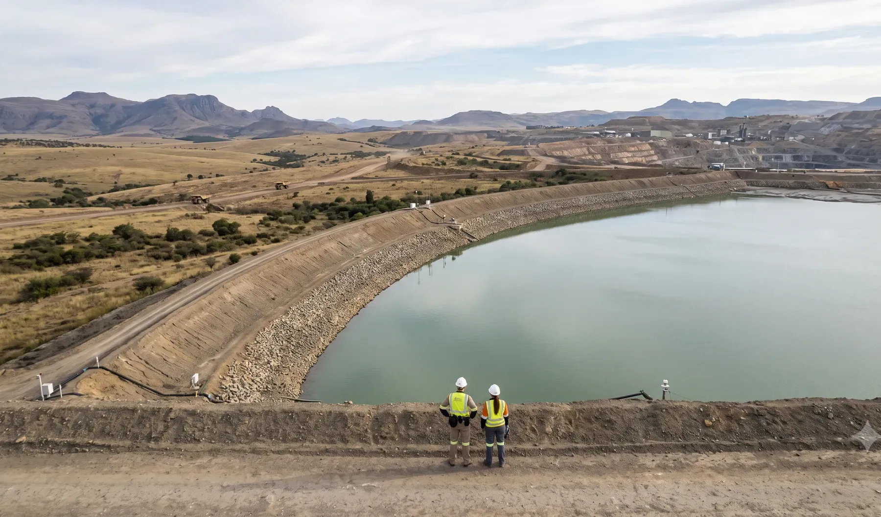 A tailings storage facility at a mine, showing the pond surface and containment embankment.