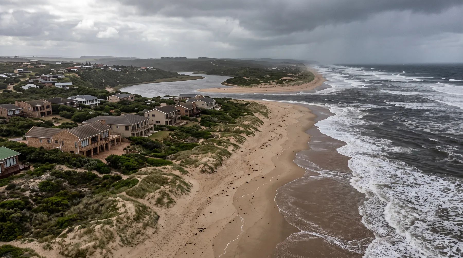 Houses on the dunes above a beach at an estuary mouth, with storm waves washing high up the sand.