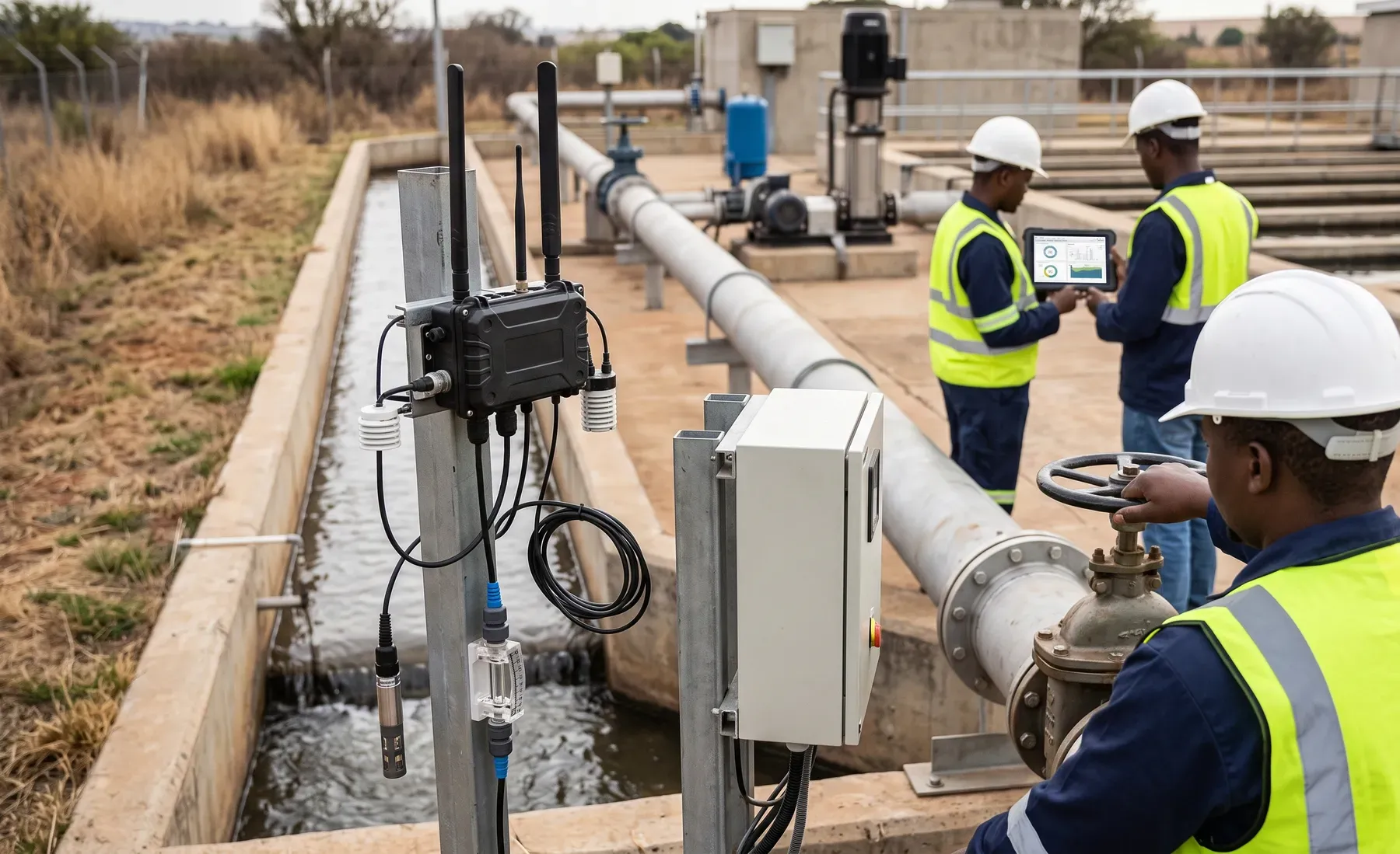 Telemetry sensors and a data logger mounted at a water treatment site while engineers review live readings on a tablet.