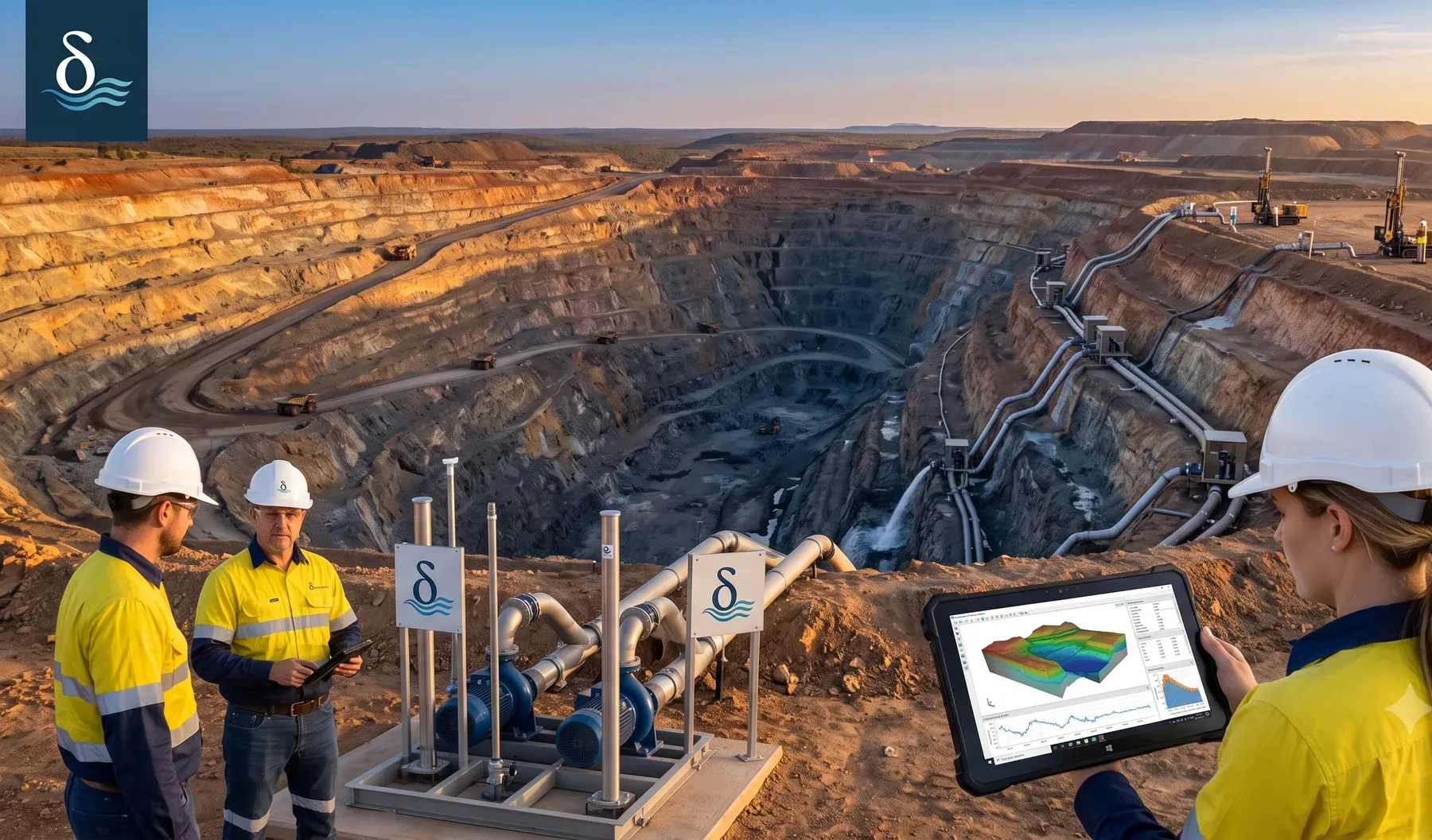An open-pit mine bench showing dewatering pumps and discharge piping.