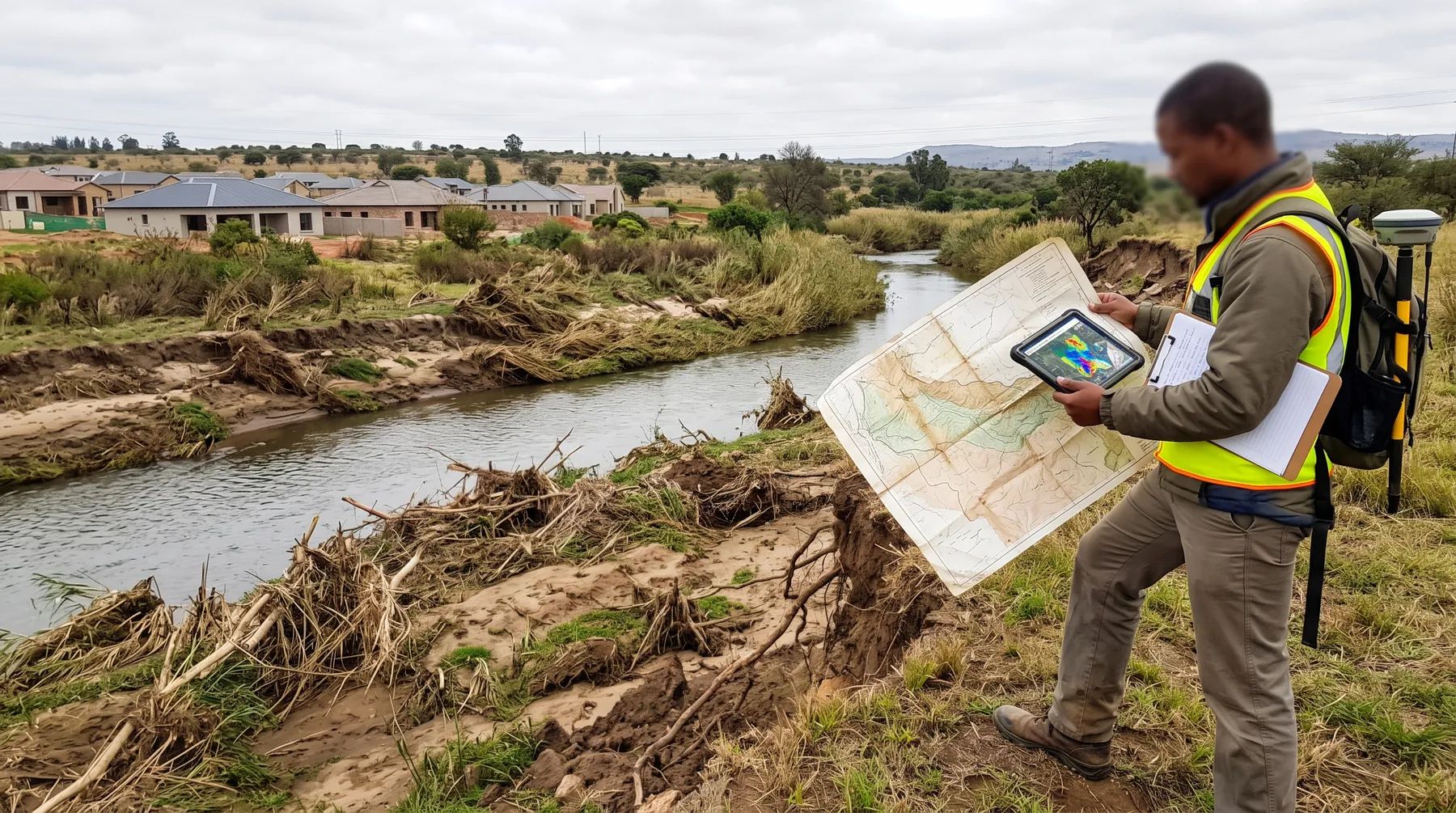 An engineer on a riverbank comparing an old printed floodline plan with a newer flood map on a tablet, with flood debris and eroded banks behind.