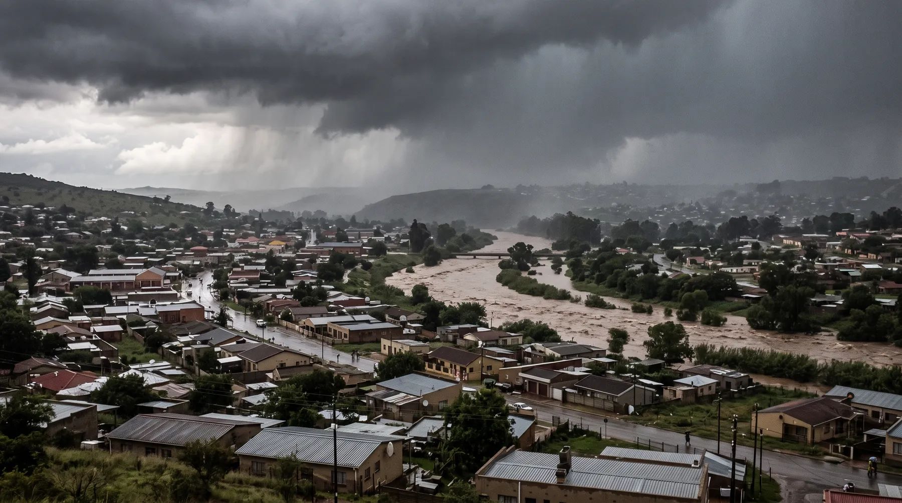 Heavy rain falling over a town in a river valley, with the river running high and brown.