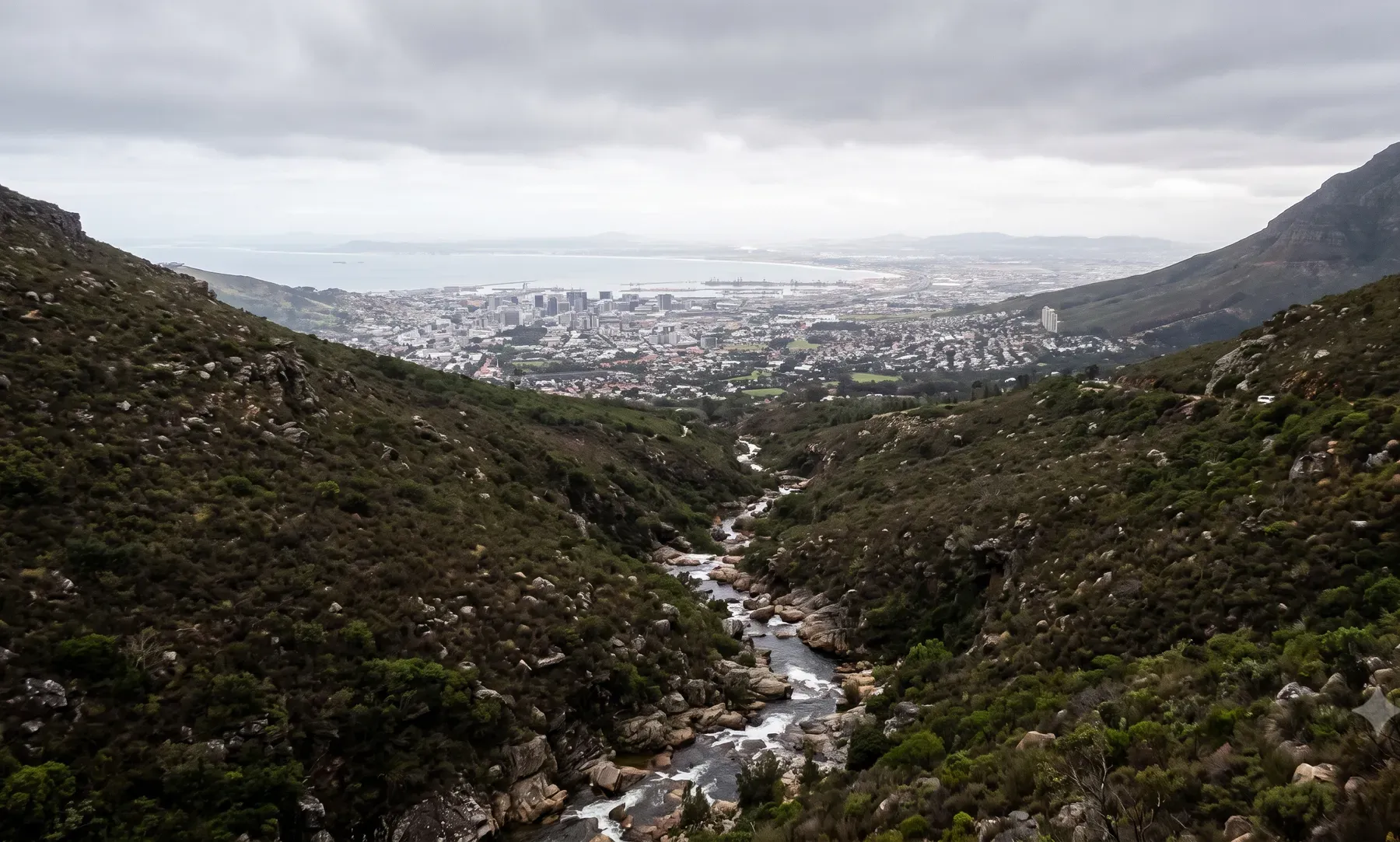 A Western Cape mountain catchment with a stream descending toward urban development below.