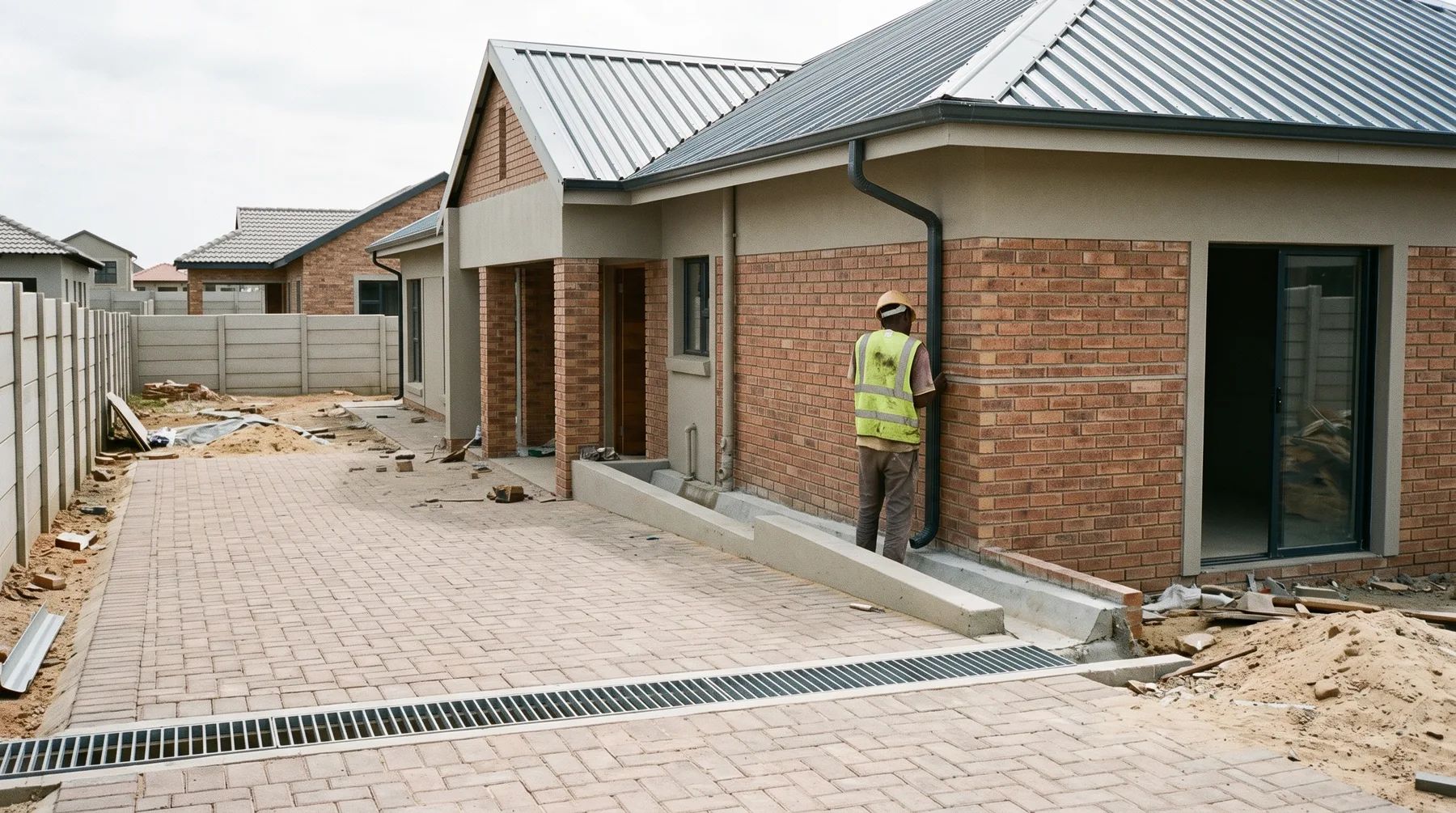 A new house with gutters, downpipes and a grated drain carrying stormwater away from the building.