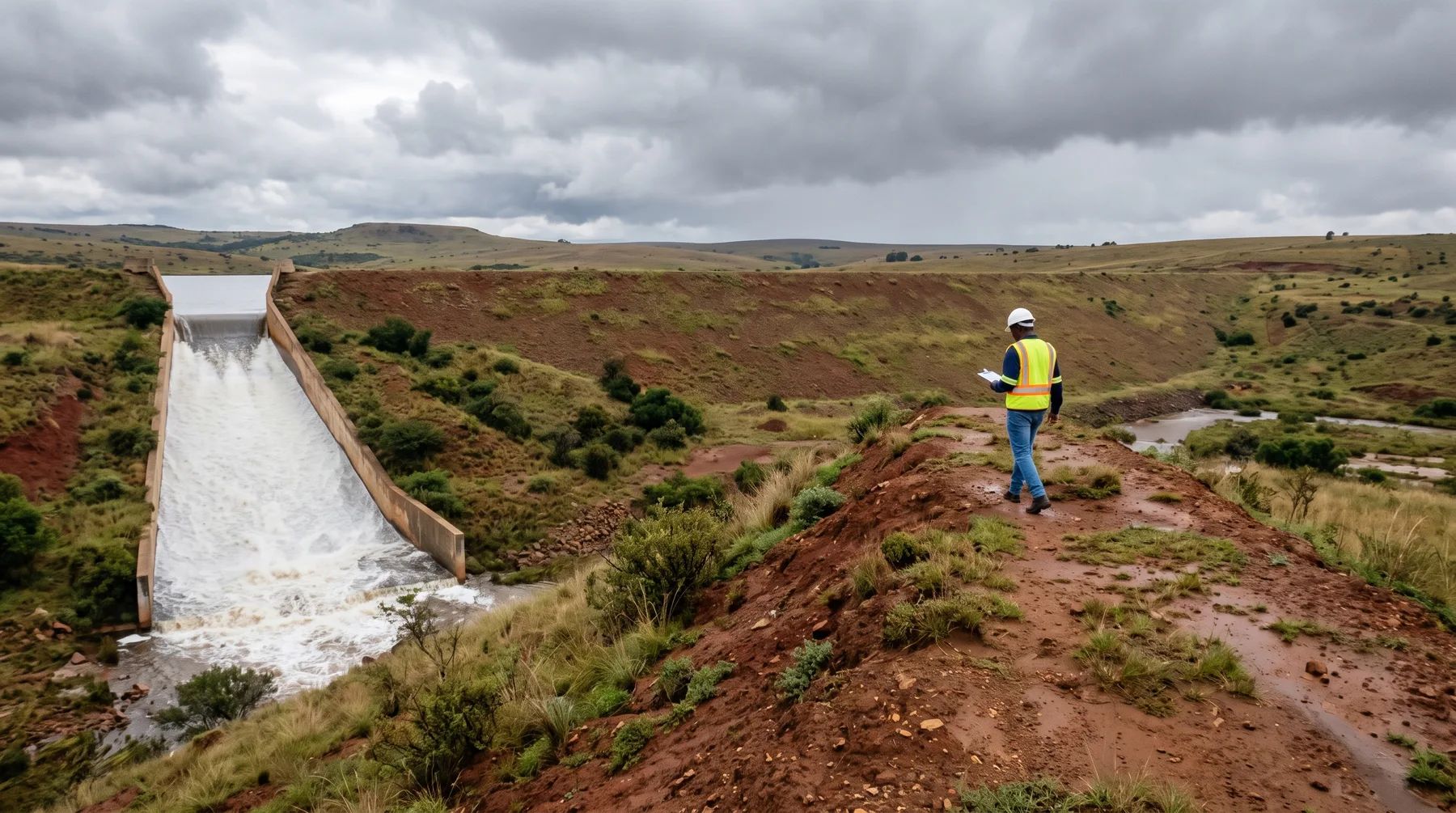 An engineer inspecting the crest of an earth dam while water flows over the concrete spillway.