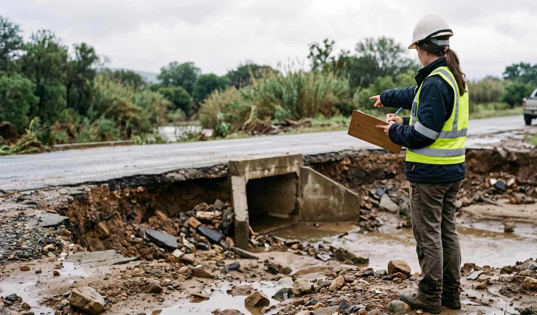 An engineer inspecting a scoured road edge and damaged culvert headwall after a flood event.