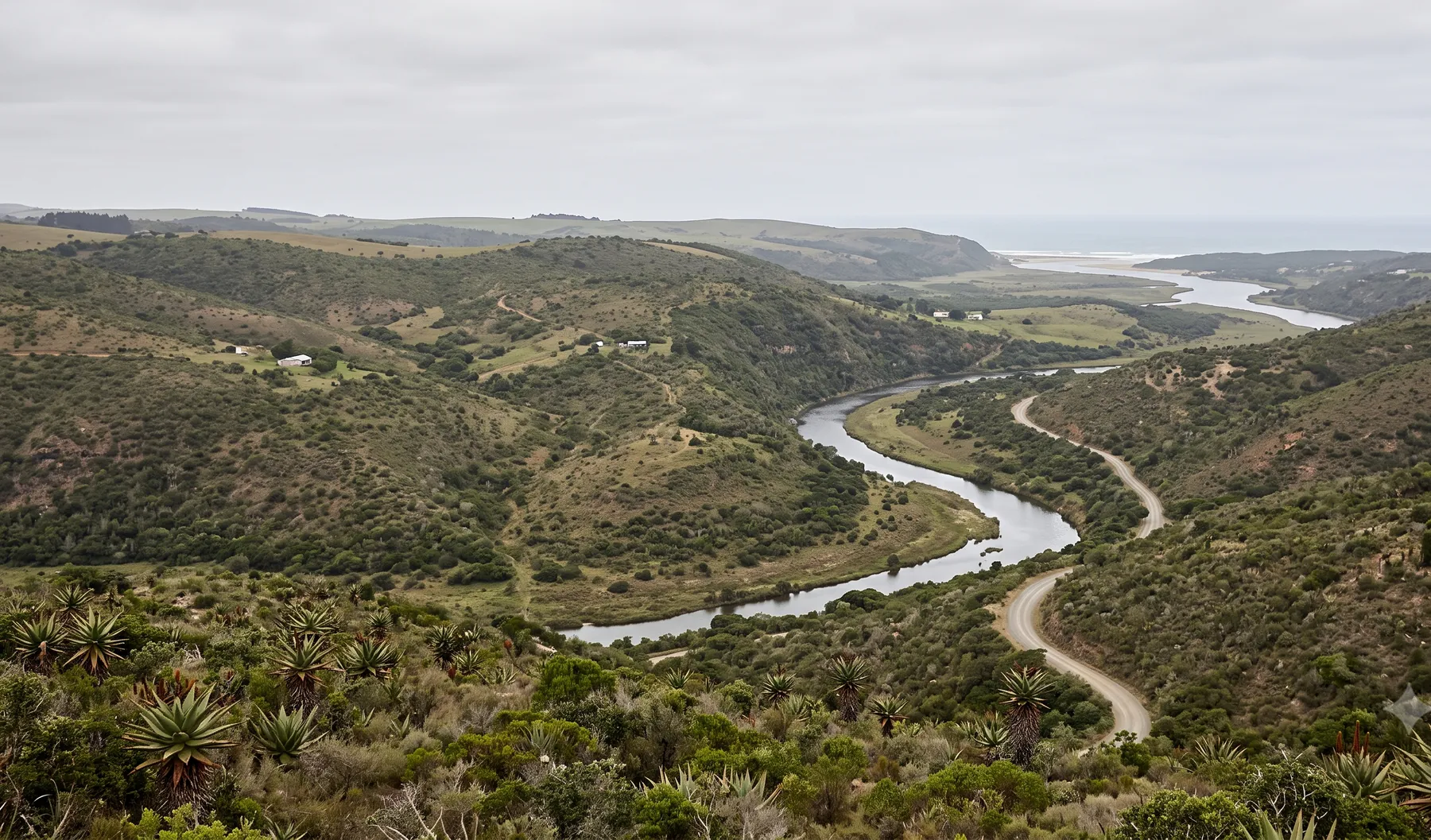 Eastern Cape coastal hills with a river valley descending toward the Buffalo River.