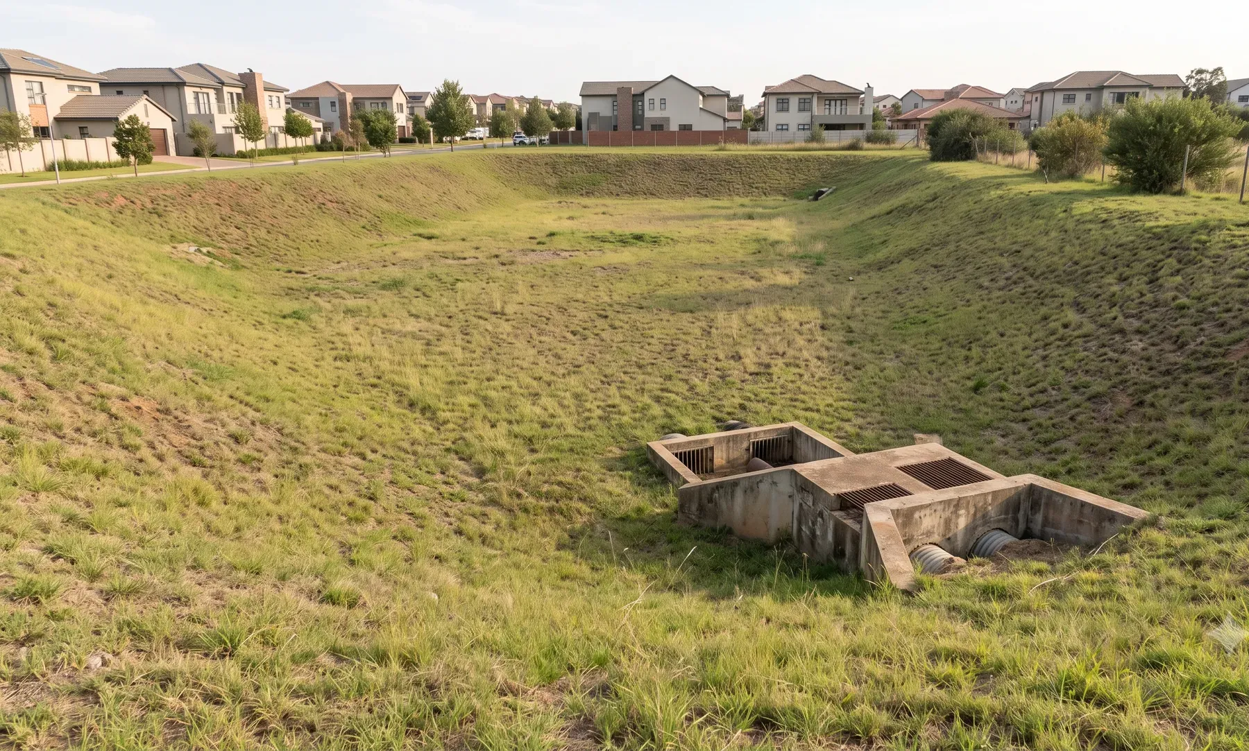A dry stormwater detention basin with a concrete outlet control structure and grassed embankment.