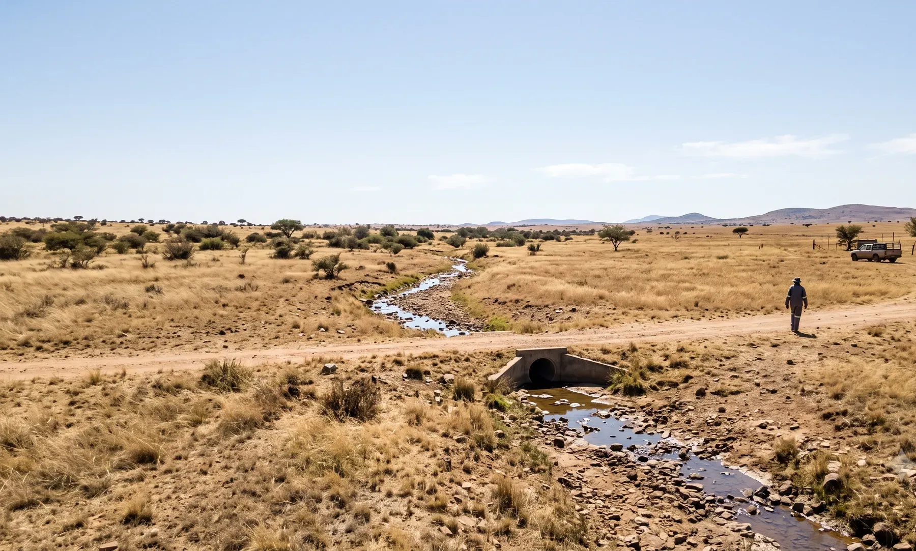 A Free State semi-arid landscape with a dry, low-flow watercourse crossing open veld.