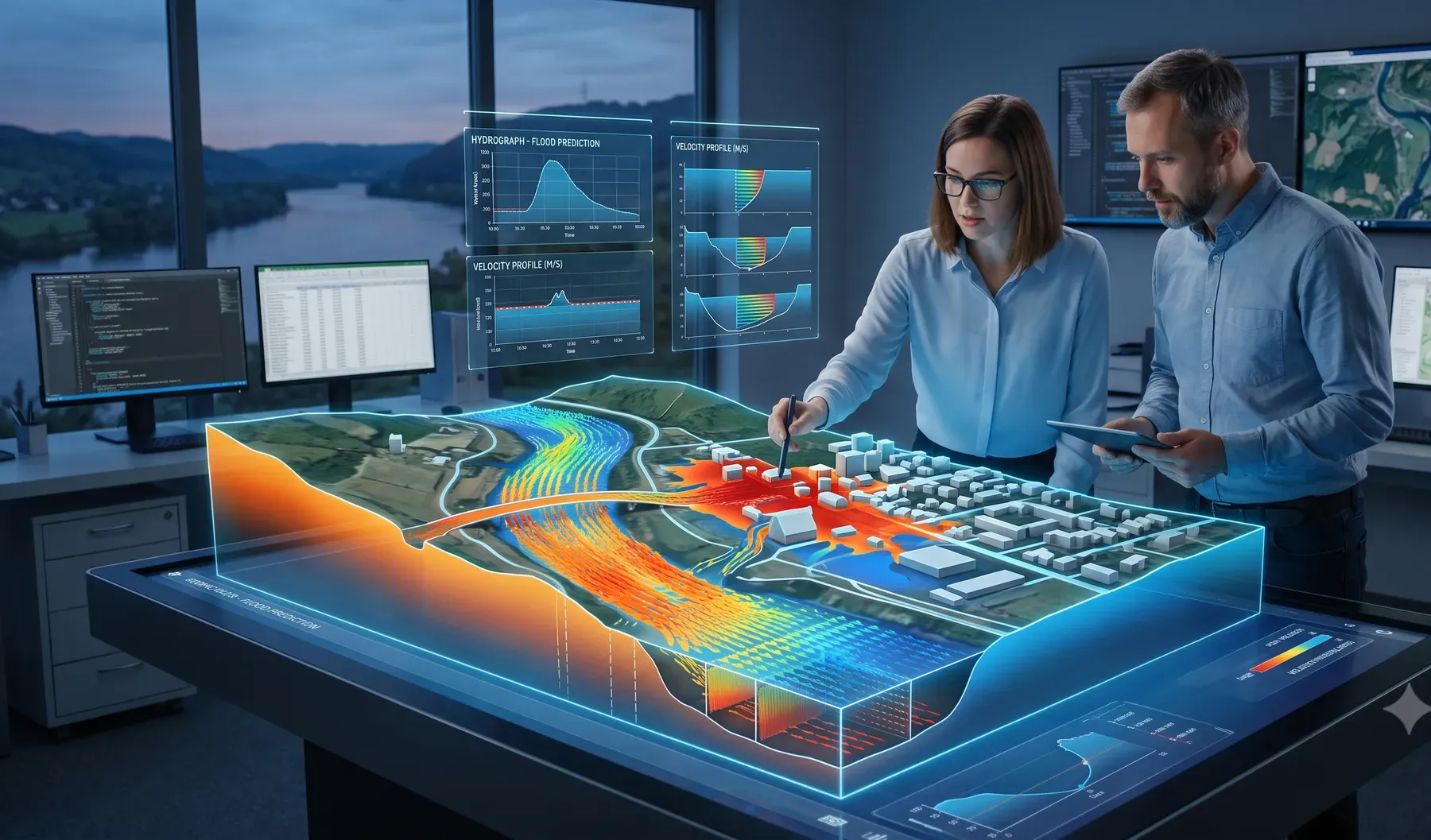 An engineer at a desk reviewing a flood-extent map and hydrograph charts on a computer monitor.