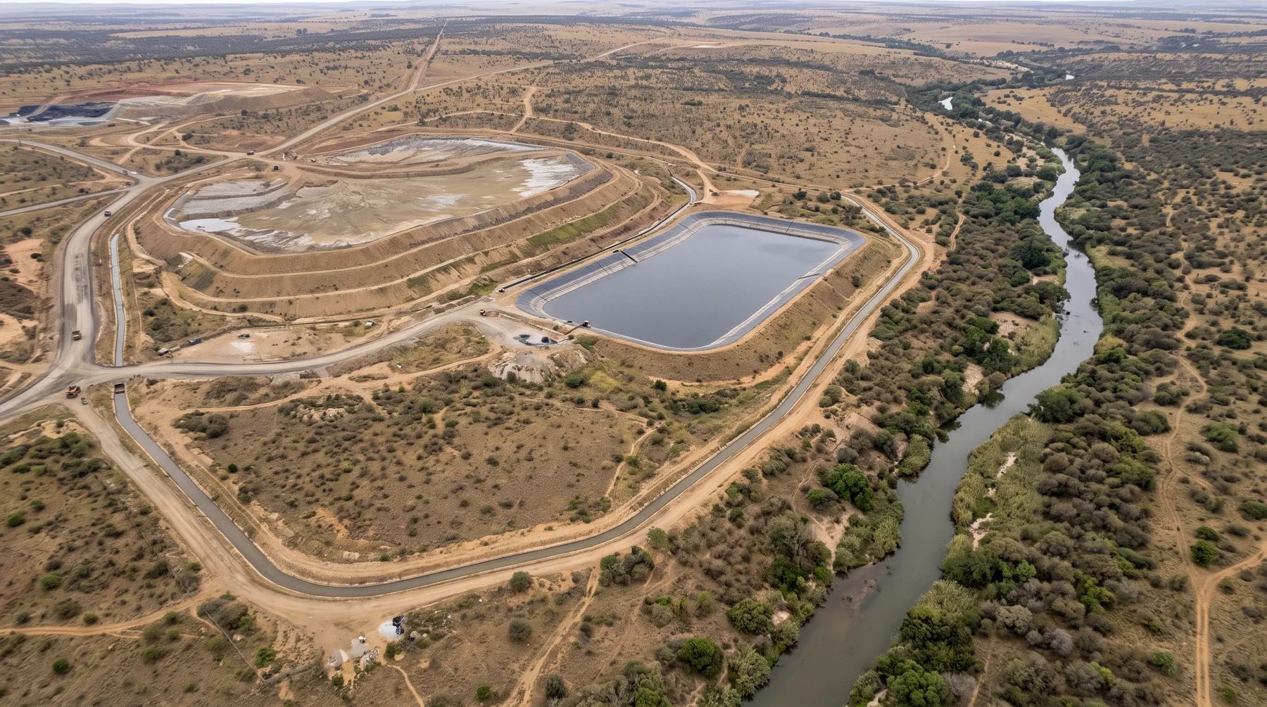 Aerial view of a mine with a tailings facility and pollution control dam set back from a tree-lined river.