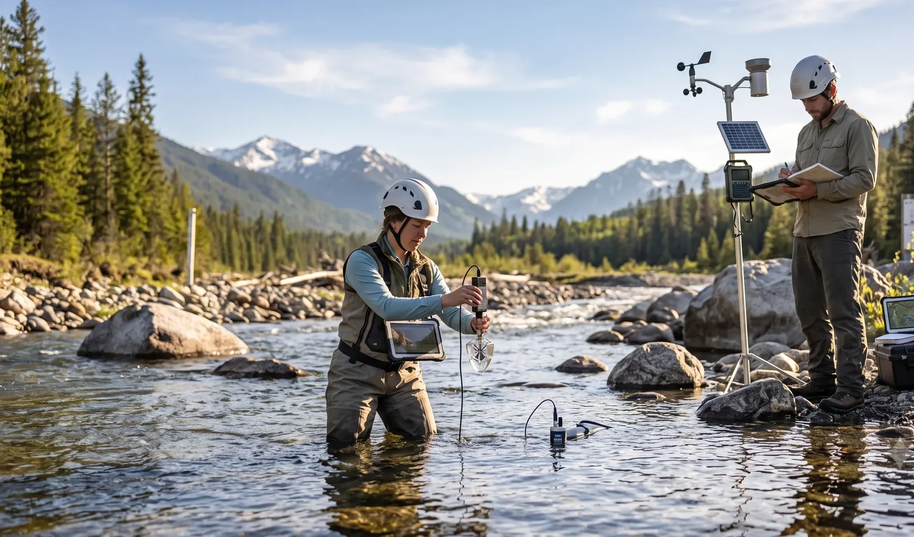 An engineer taking a reading at a river gauging station during a hydrological field survey.