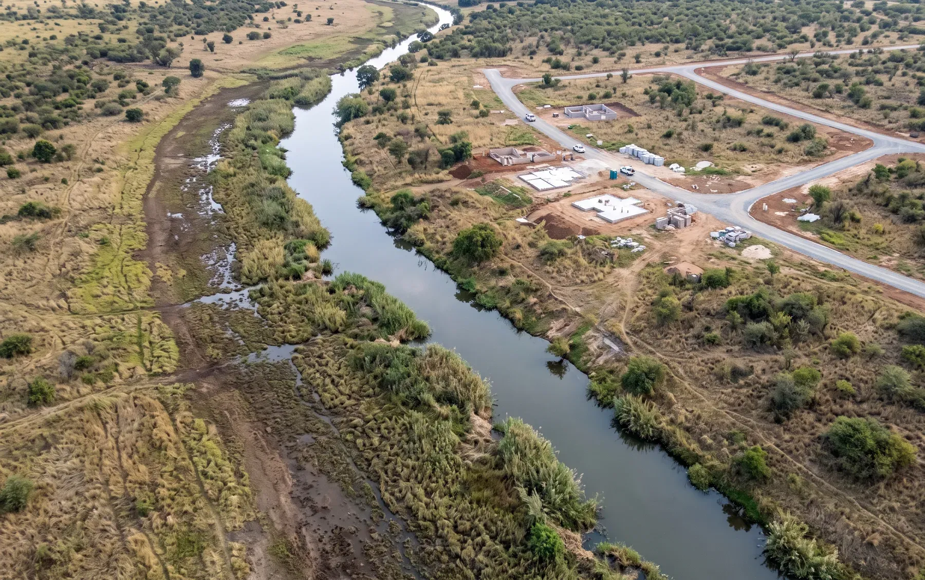 A survey team beside a river taking a cross-section with a GNSS rover while a drone flies over the floodplain.