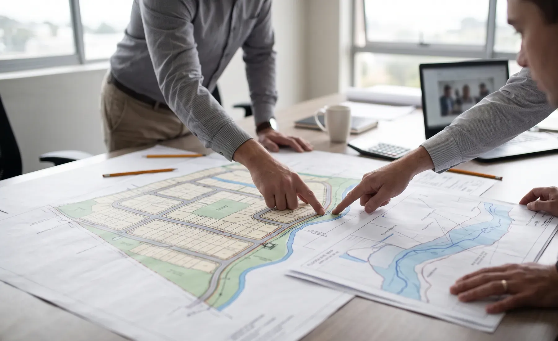 A township layout plan for a subdivision spread across a table beside a printed floodline map.