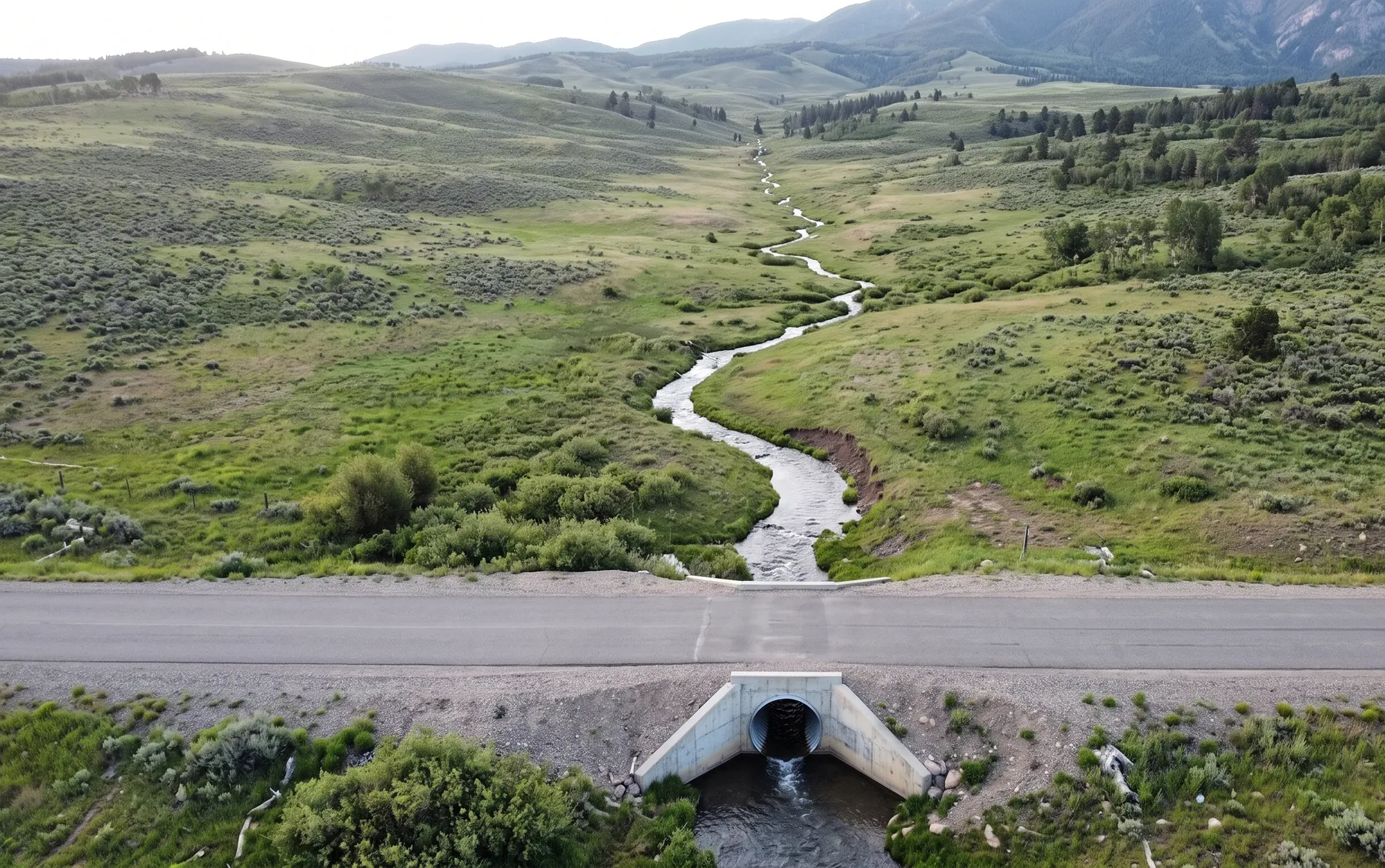 A defined watercourse winding down a catchment toward a road culvert, showing the runoff travel path.