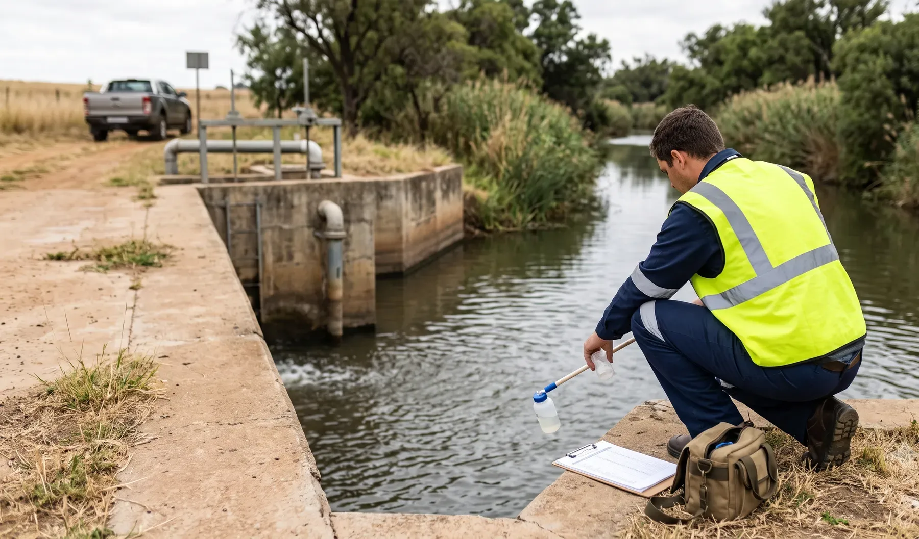 Engineer taking notes at a watercourse during a water use licence site assessment.