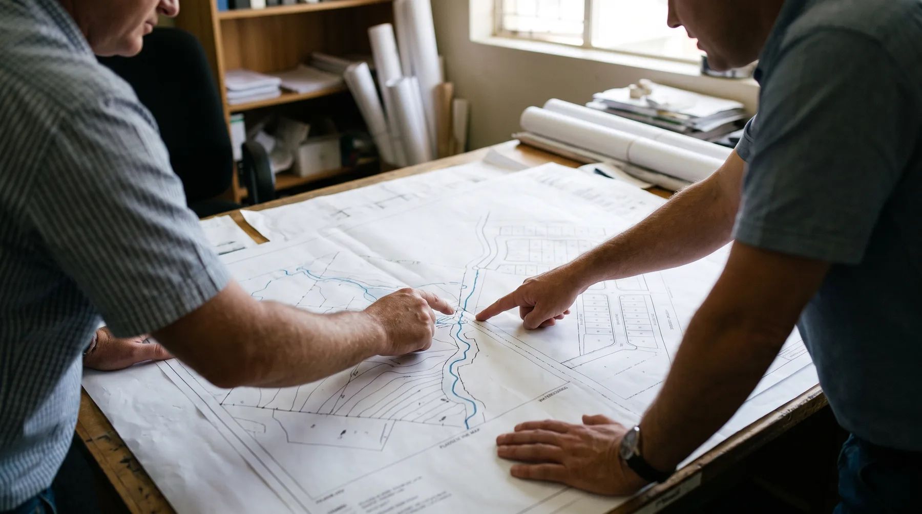 Two engineers reviewing a printed floodline plan of a river and a proposed township.