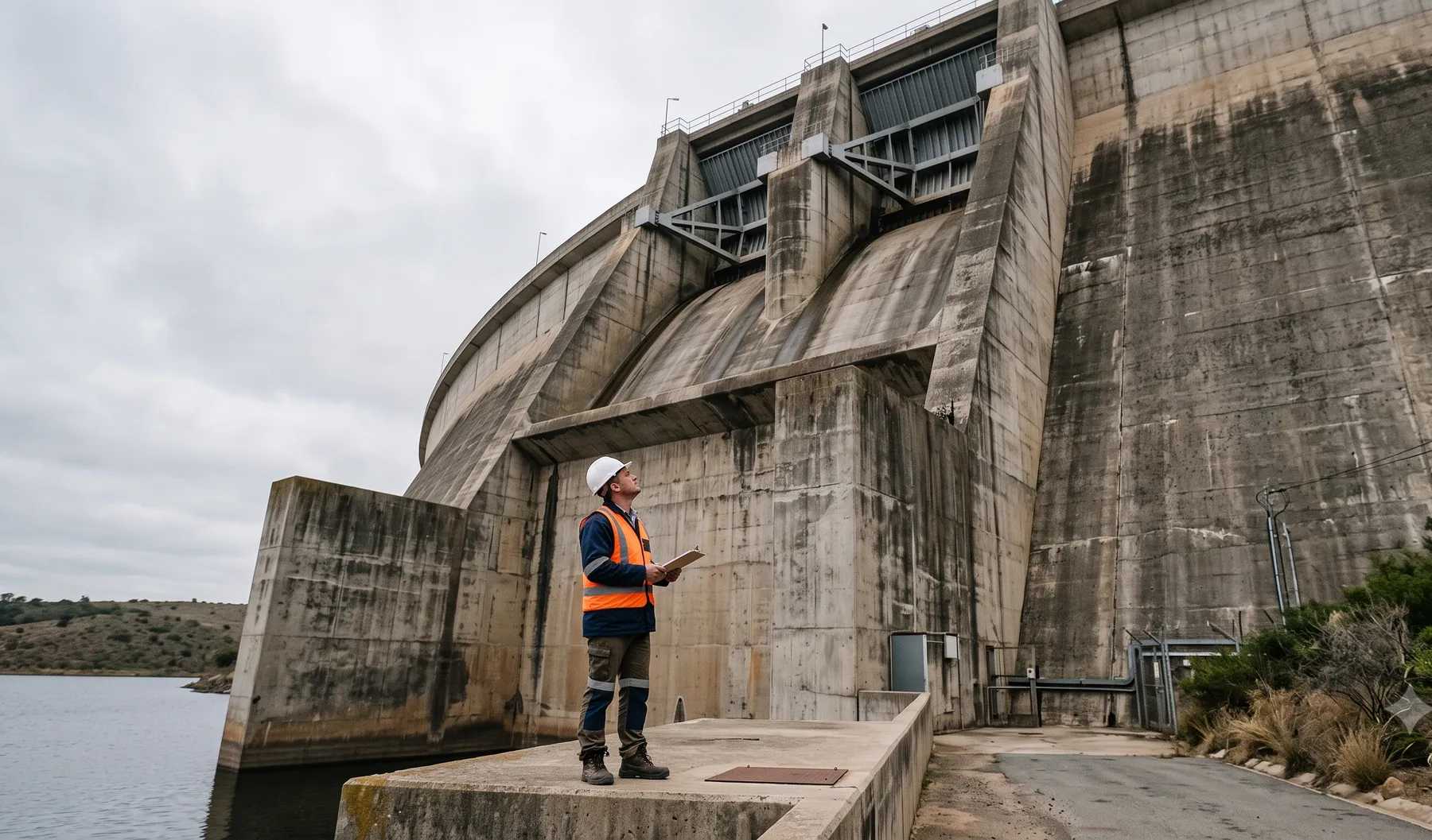 An engineer standing at the base of a dam wall, showing the scale of the structure.