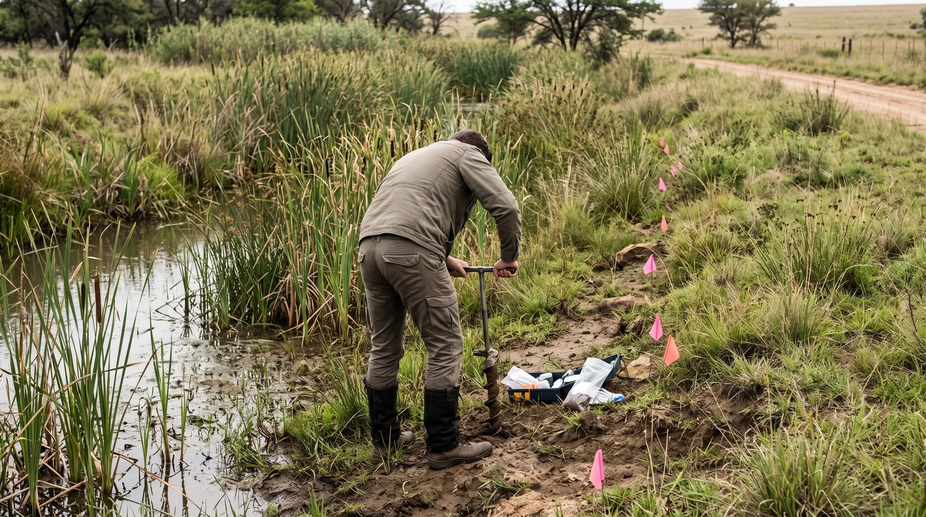 A wetland specialist taking a soil sample beside a reed-lined stream, with marker flags along the riparian edge.