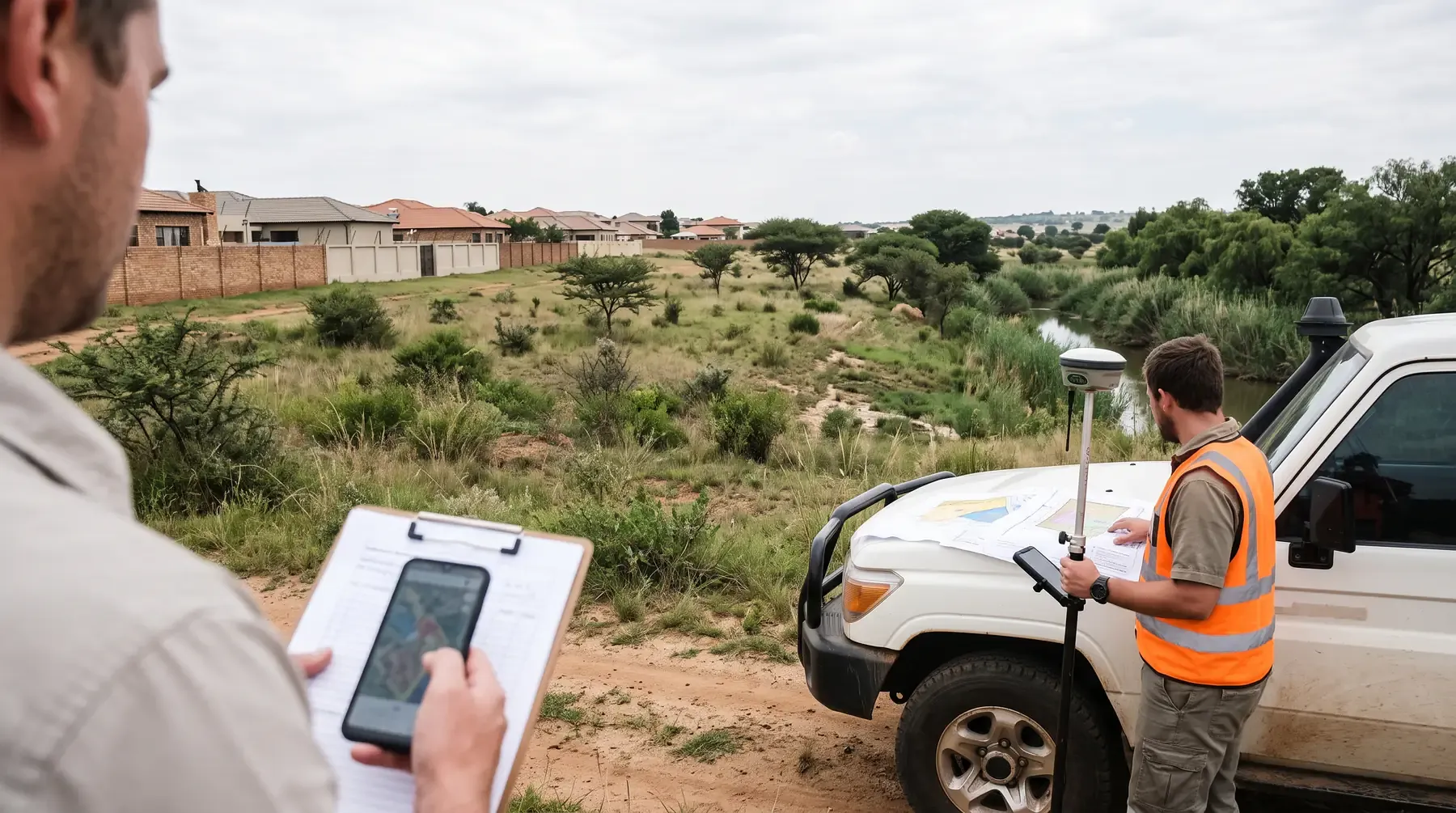 Two engineers on a site between a river and a housing estate, one checking a flood map on a phone and the other holding a GNSS survey pole beside plans on a bakkie.