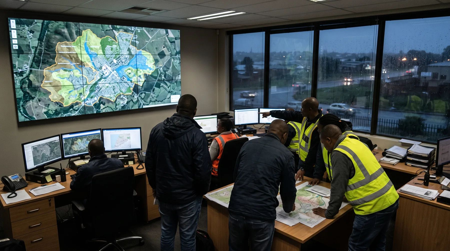A municipal disaster management team reviewing a flood hazard map on a control room screen.