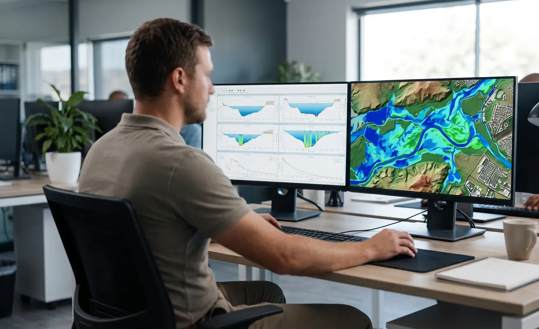 An engineer comparing a 1D river cross-section model and a 2D flood-extent map on screen.