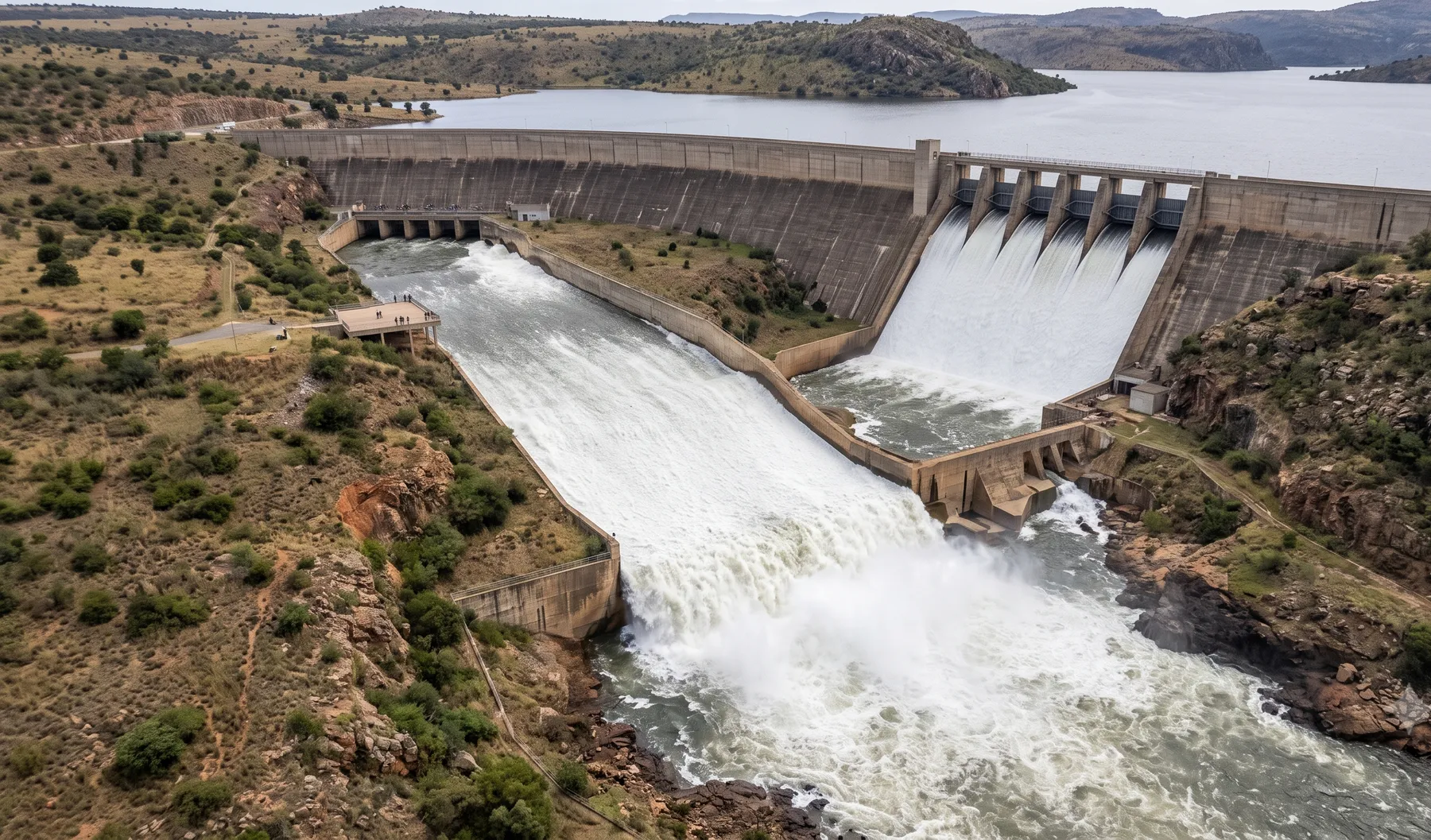 A large dam spillway discharging water at high flow, showing the scale of an extreme flood event.