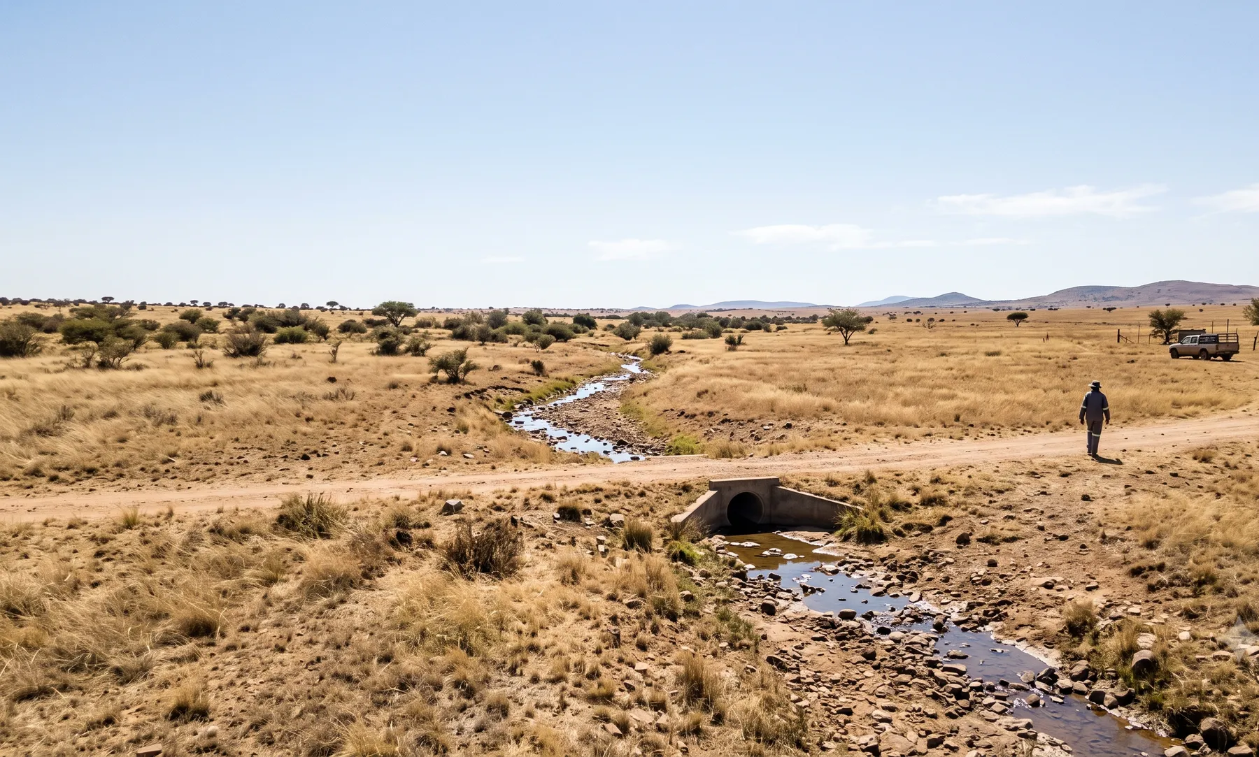 A Free State semi-arid landscape with a dry, low-flow watercourse crossing open veld.