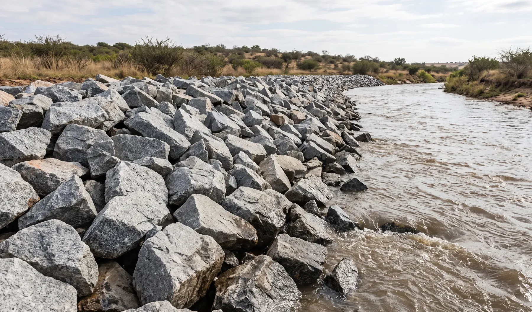 Rock armour (riprap) protecting a channel bank against a flowing watercourse.