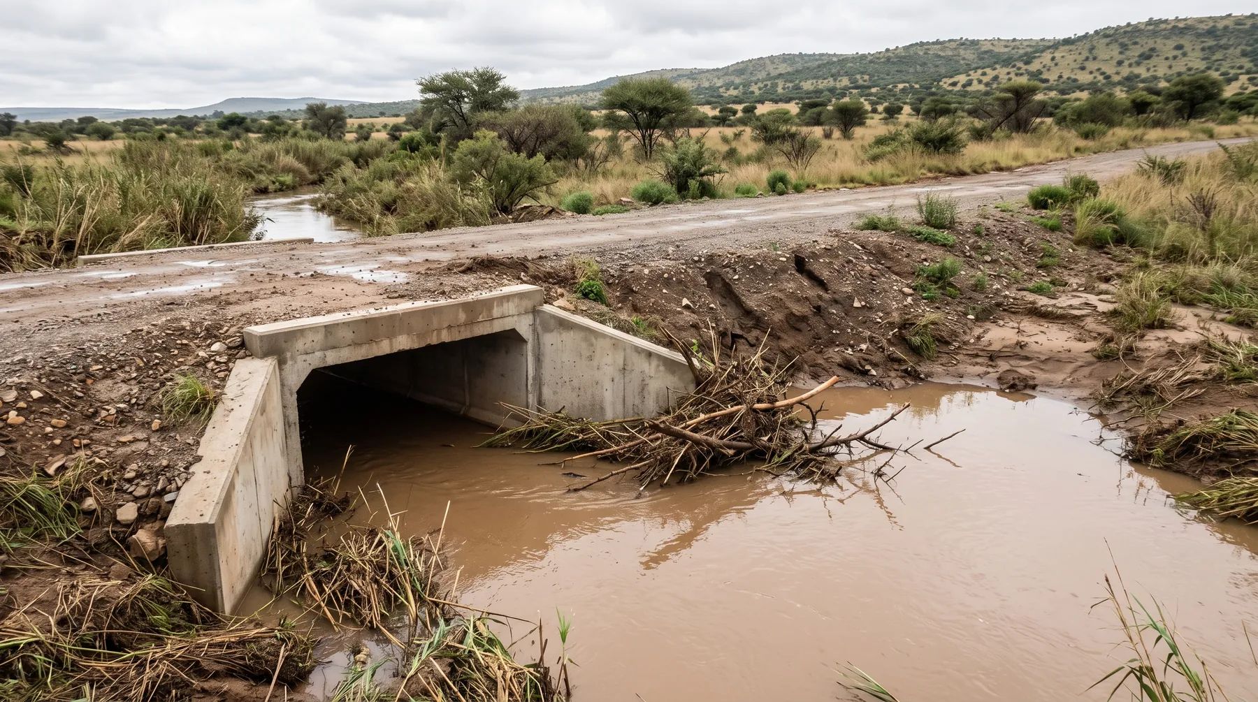 A concrete box culvert under a gravel access road across a small river, with flood debris caught at the inlet and water ponded upstream of the road.