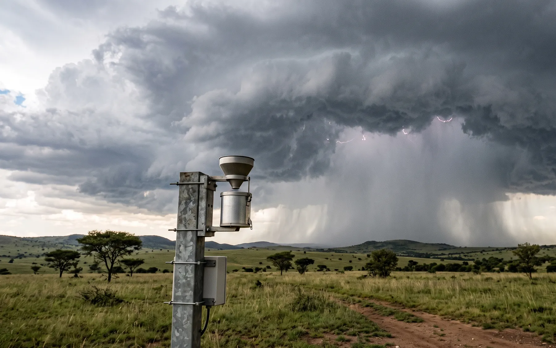 A summer thunderstorm with heavy rain shafts over open terrain, a rain gauge station in the foreground.