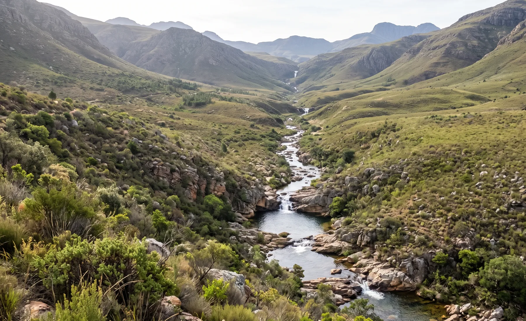 A watercourse descending through a valley, showing the full runoff flow path from distant headwaters.