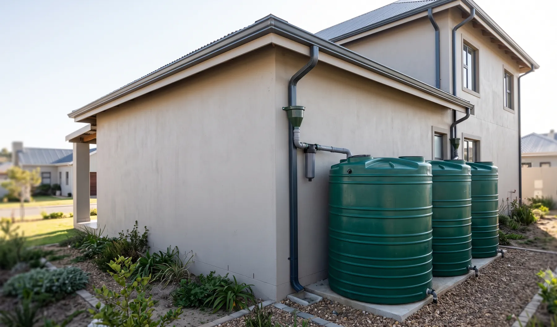 Rainwater harvesting tanks and guttering installed at the side of a building.