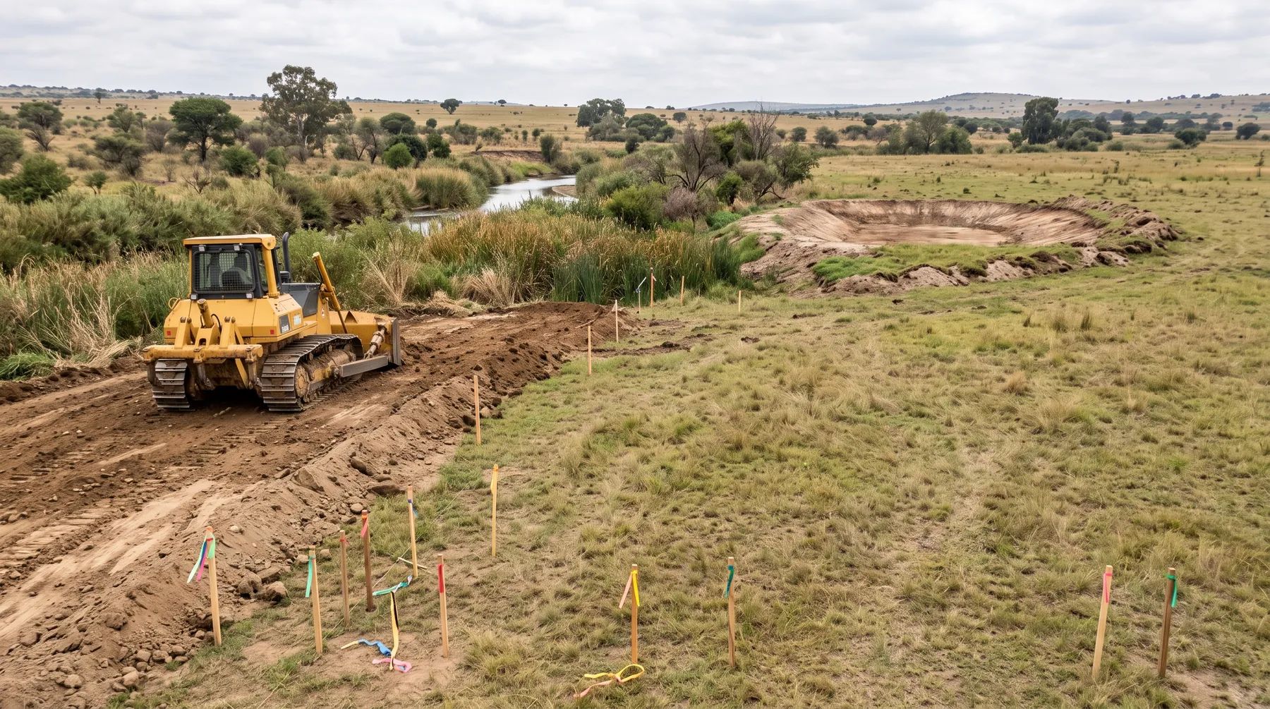 A bulldozer spreading fill at the edge of a grassy river floodplain, with an excavated flood storage area further along the bank.