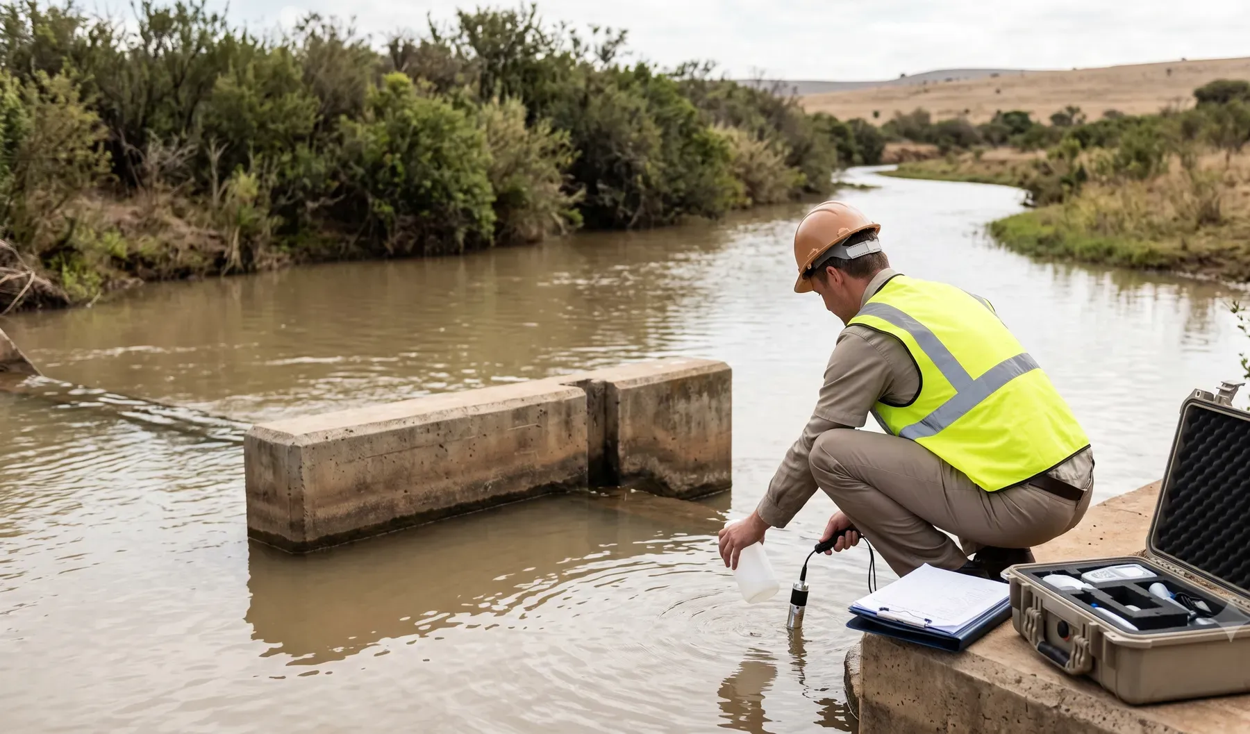 An engineer taking a water sample at a river abstraction point as part of a water use licence application.