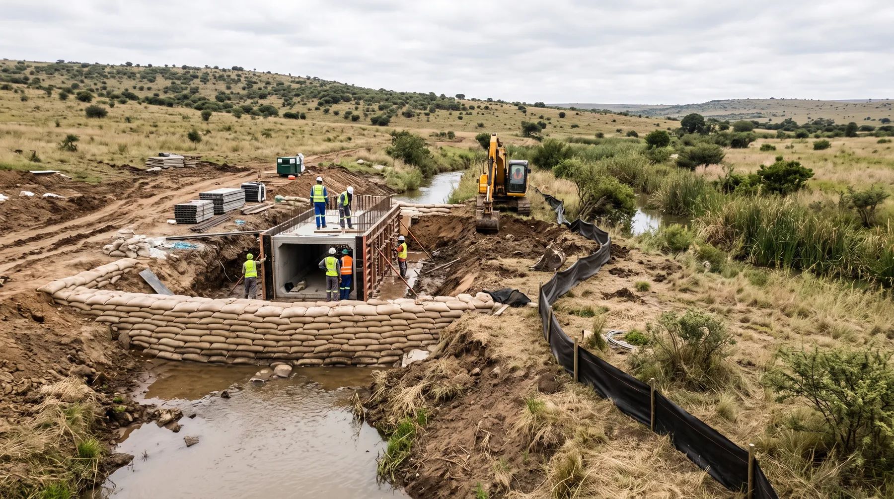 A temporary sandbag cofferdam diverting a small river around workers building a concrete culvert, with an excavator on the bank.