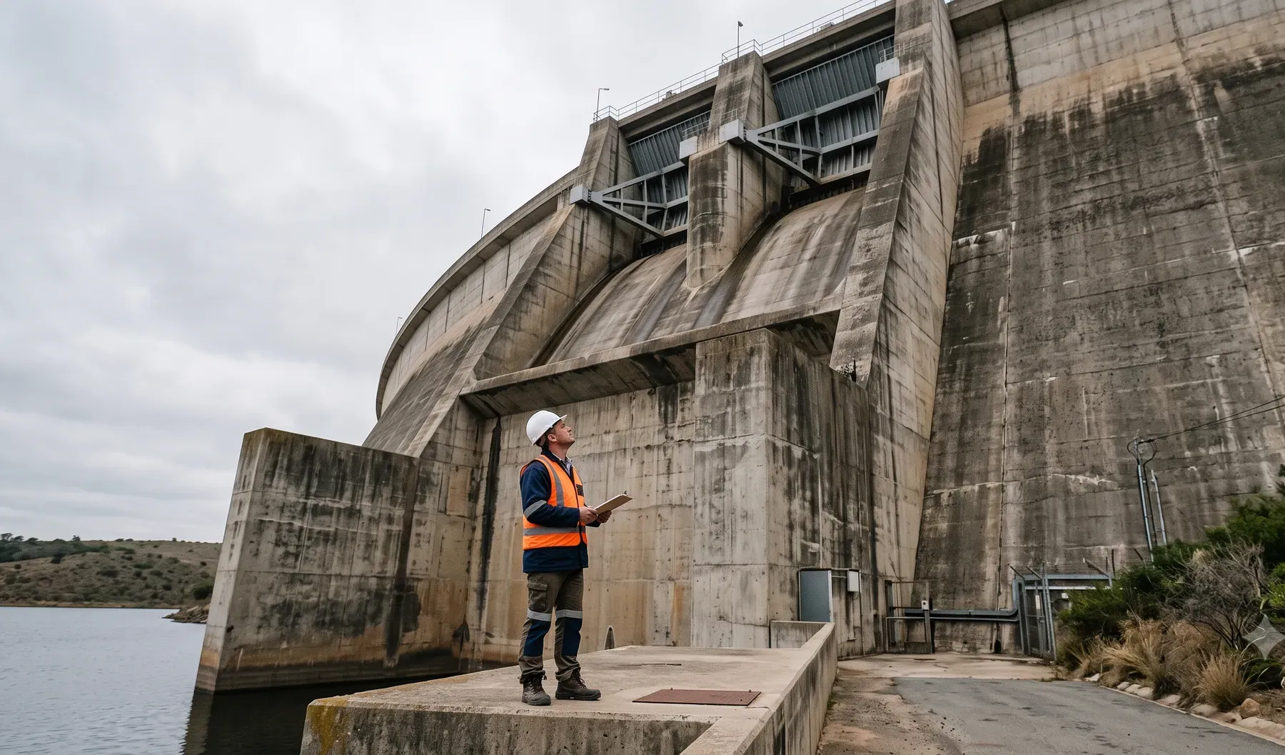An engineer standing at the base of a dam wall, showing the scale of the structure.