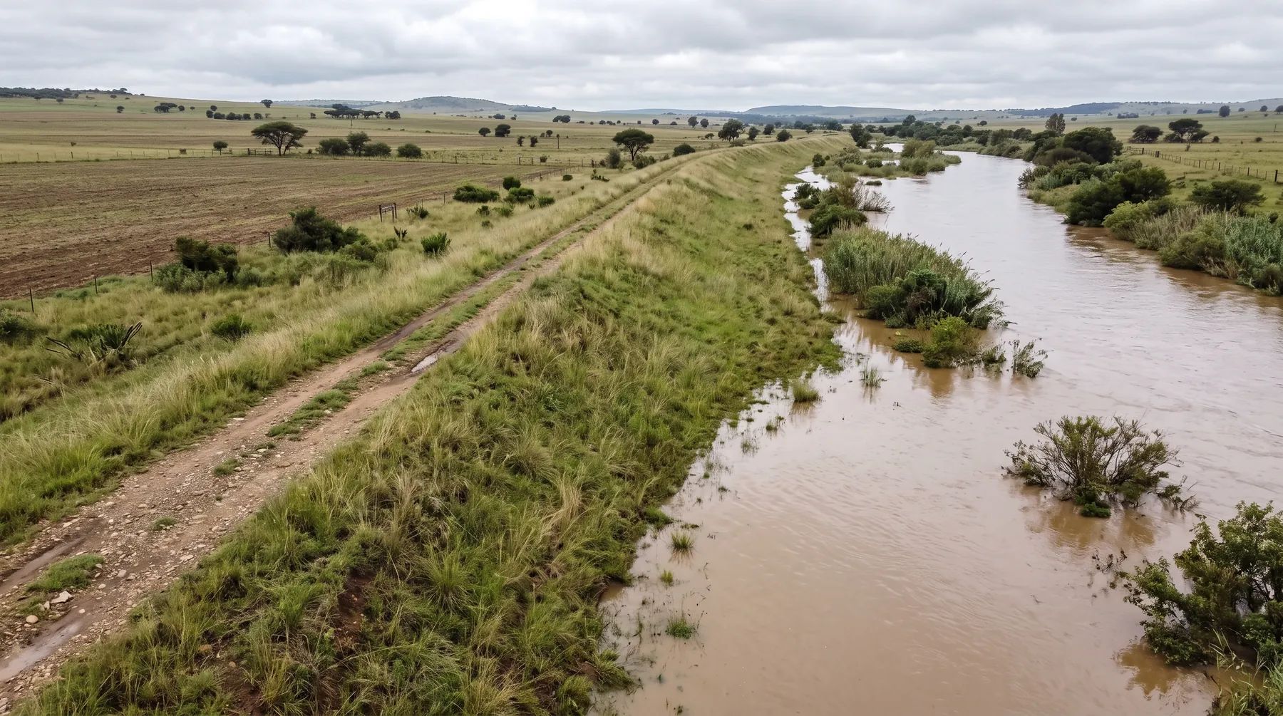A grassed earth berm along a river bank between farmland and a river in flood.