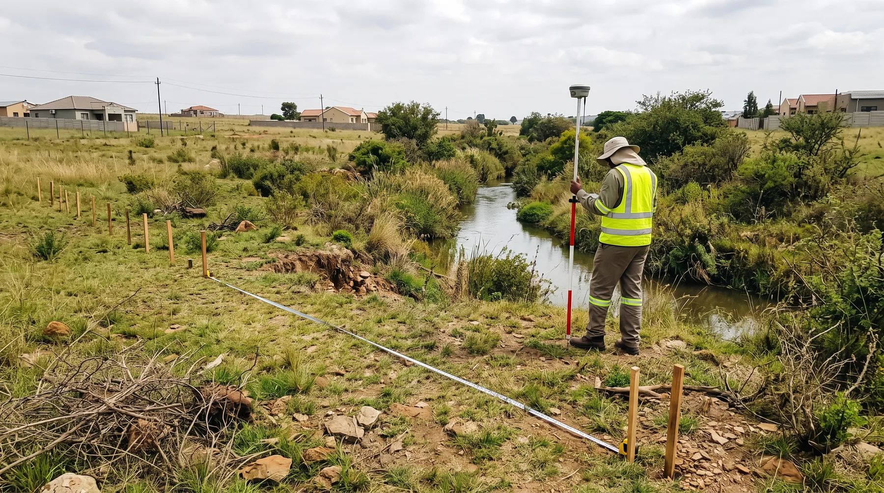 A surveyor measuring from a stream bank to pegs marking a planned building site.