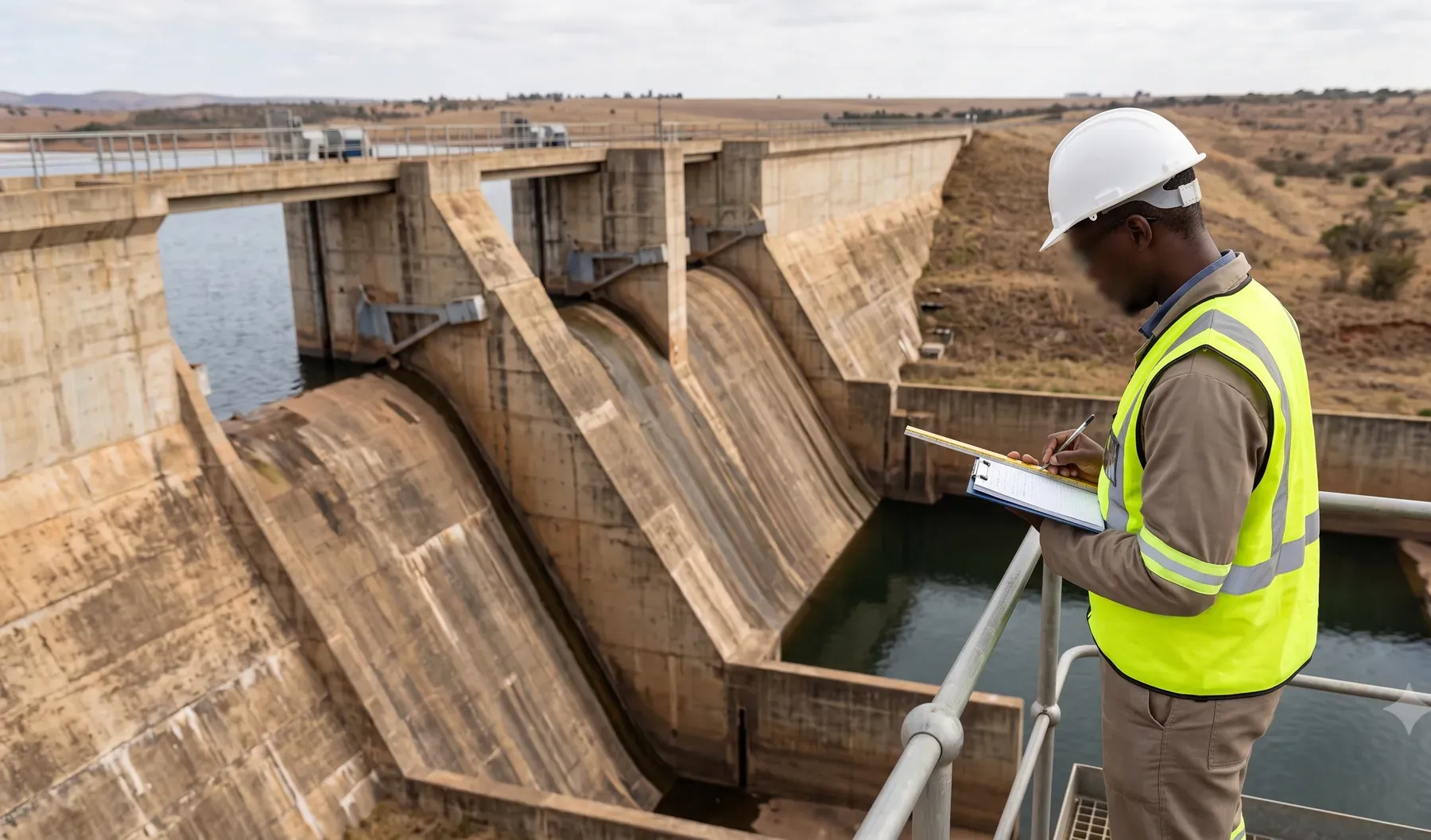 An engineer in hard hat and hi-vis vest inspecting a concrete dam wall and spillway.
