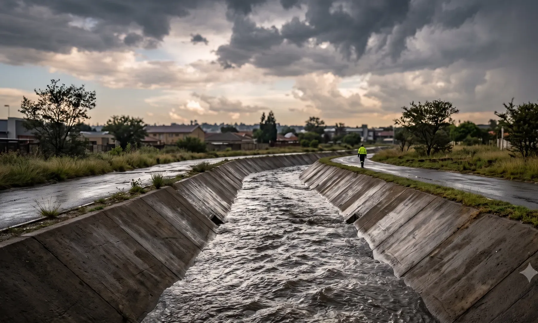 A Highveld urban catchment with water flowing through a concrete-lined drainage channel after a summer thunderstorm.