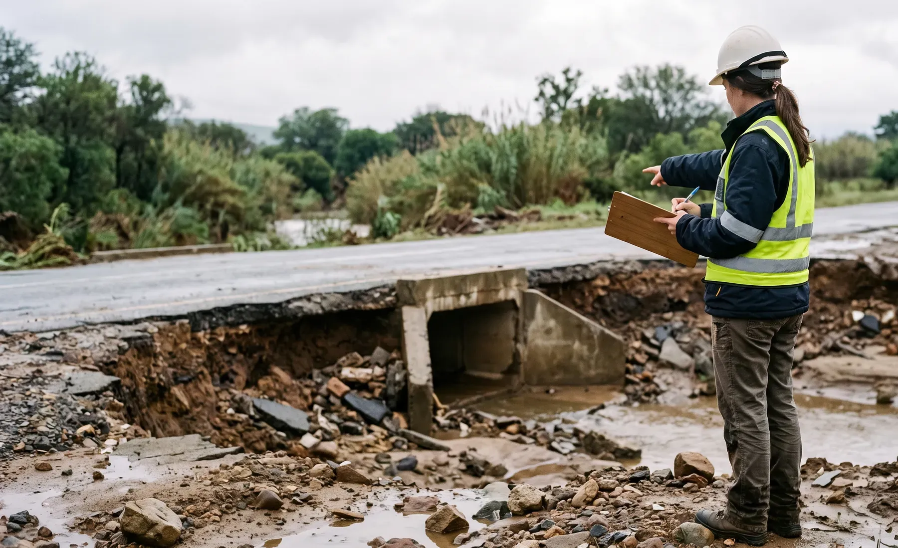 Flood-damaged infrastructure with scour and debris along a watercourse after a flood event.