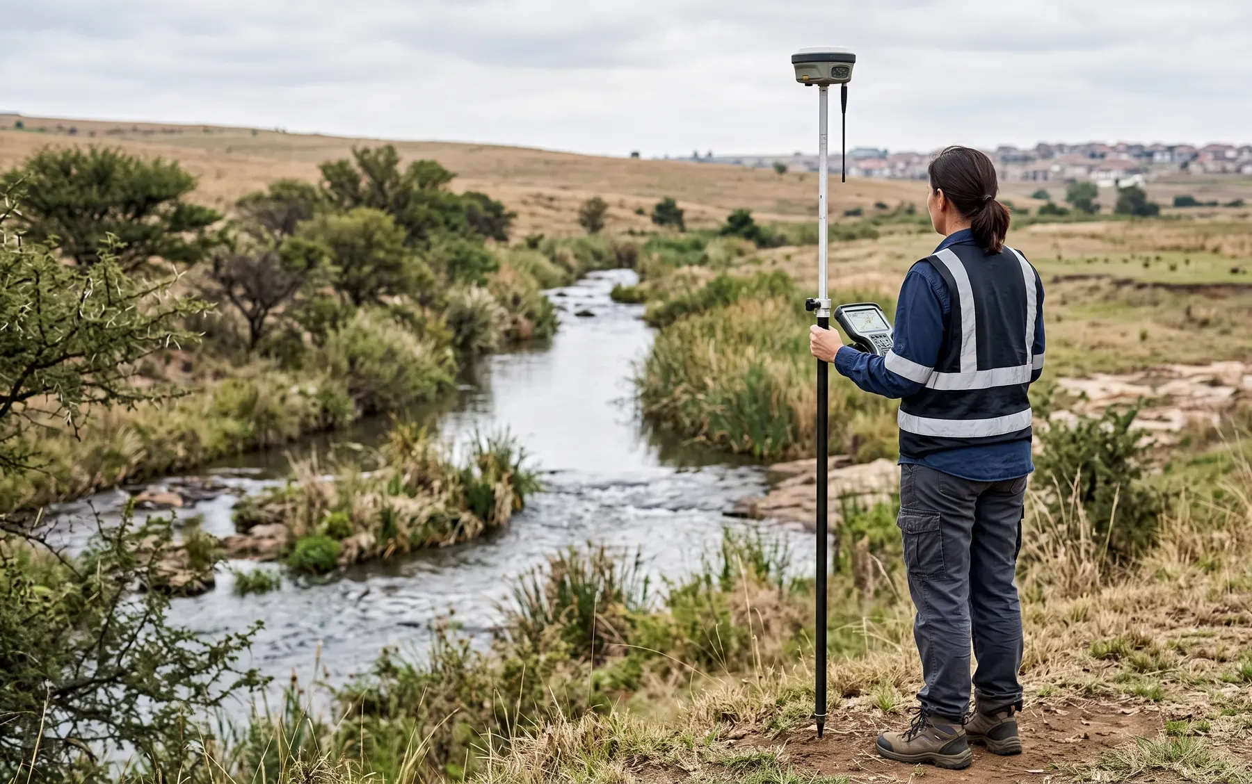 An engineer using a GNSS survey rover to survey a river on a Highveld site.