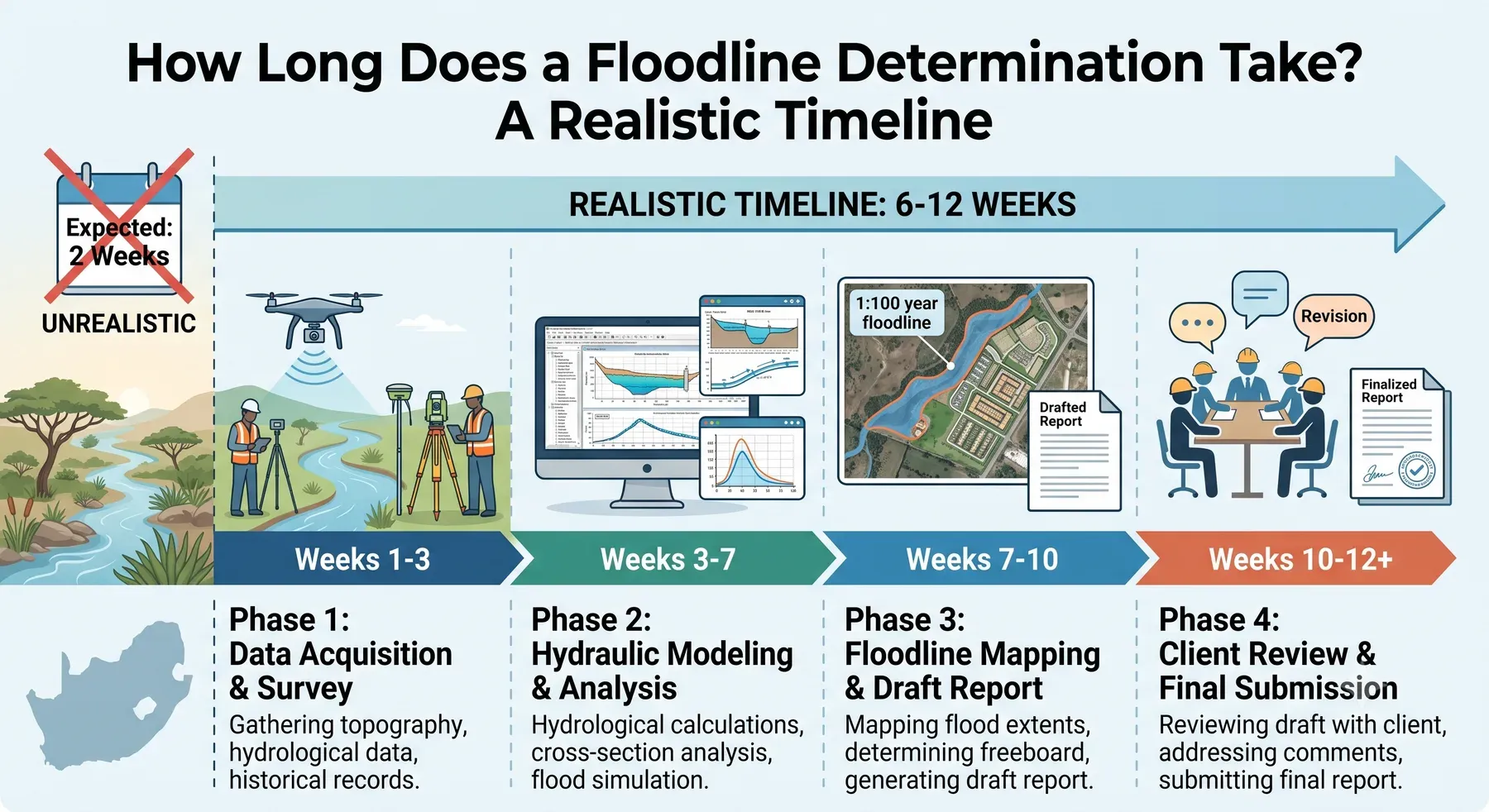 Infographic titled 'How long does a floodline determination take? A realistic timeline', showing four phases spanning 6 to 12 weeks: data acquisition and survey (weeks 1-3), hydraulic modelling and analysis (weeks 3-7), floodline mapping and draft report (weeks 7-10), and client review and final submission (weeks 10-12 and beyond). A two-week expectation is marked as unrealistic.