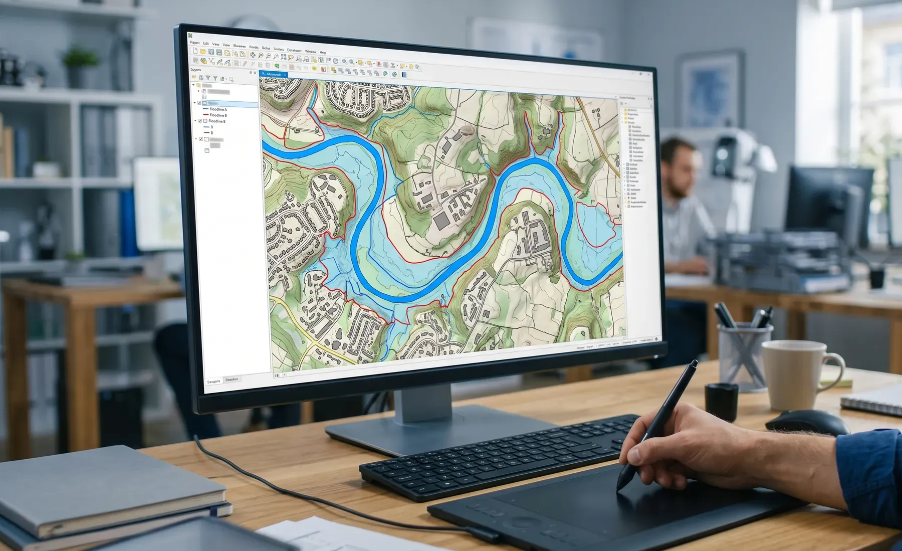 Modelled flood extents mapped over a river valley in QGIS on a desktop monitor, with the floodline outlined against the developed areas along the river.